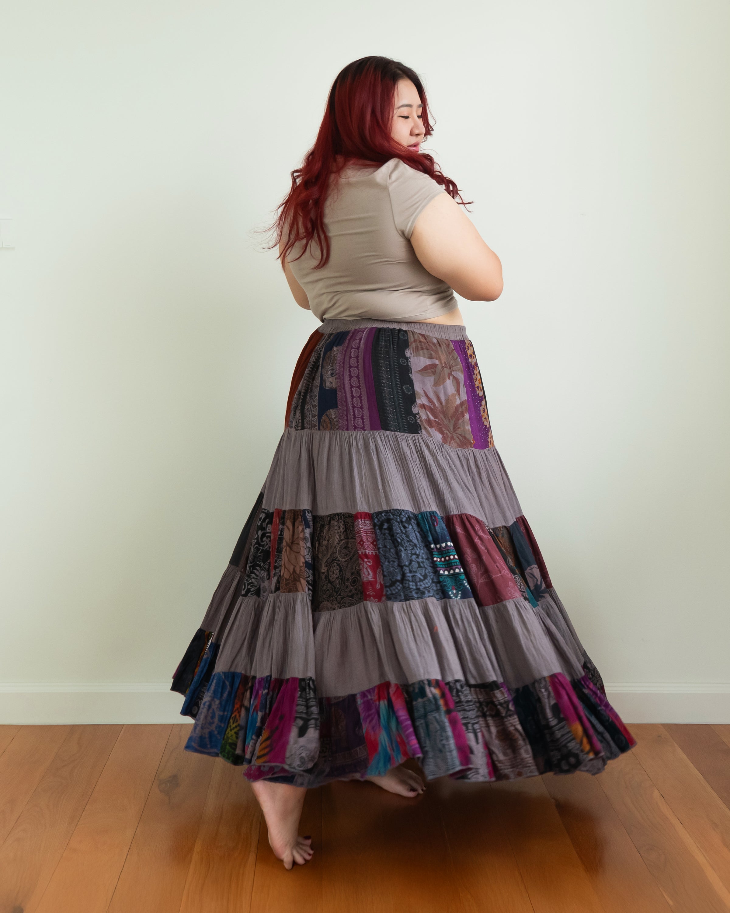 Plus Size Patchwork Long Skirt in Gray