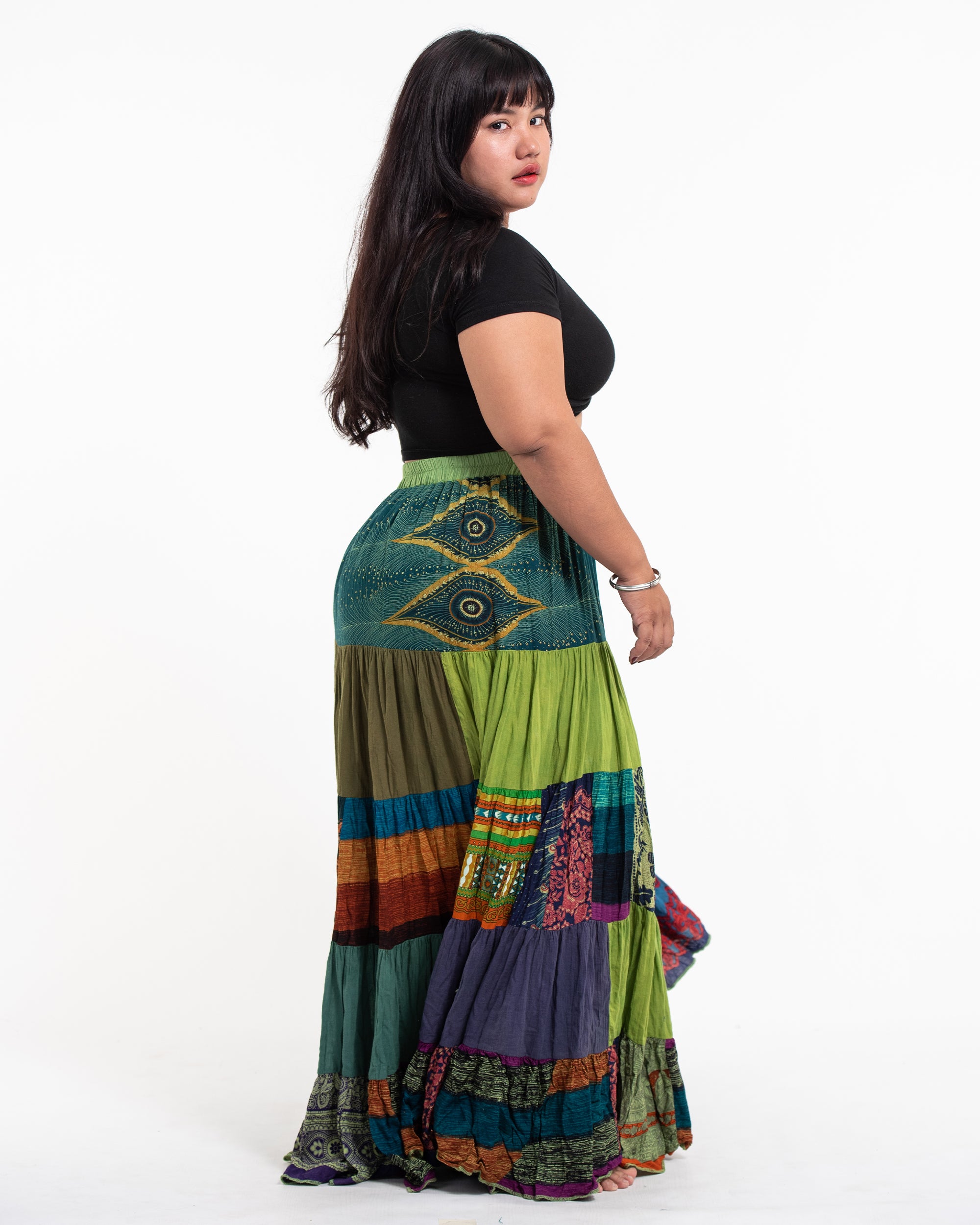 Plus Size Patchwork Long Skirt in Green Multi