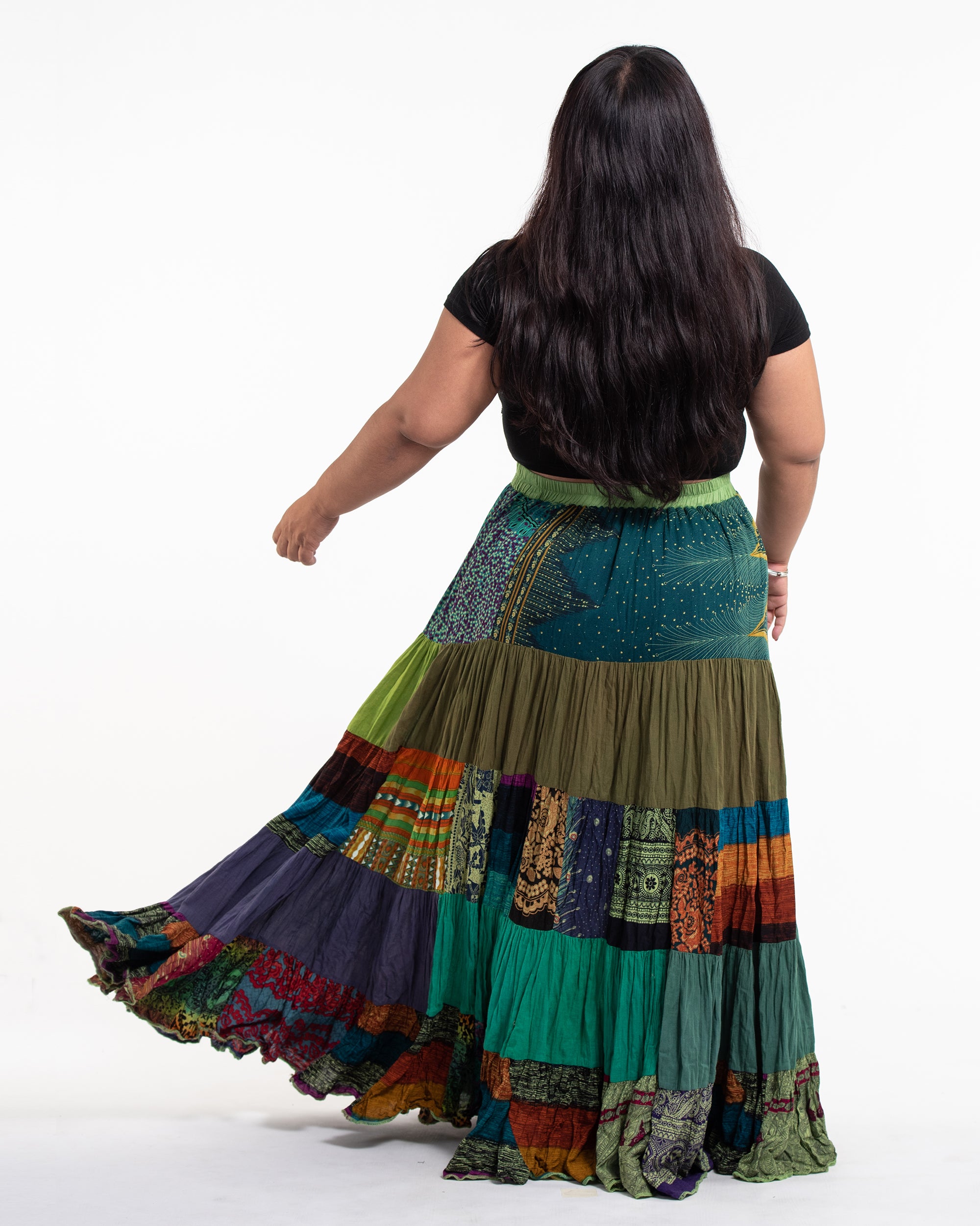 Plus Size Patchwork Long Skirt in Green Multi
