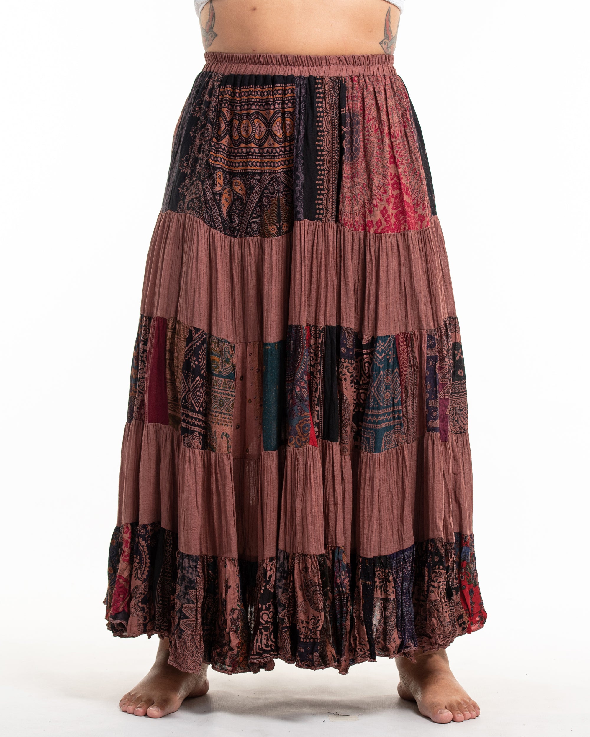 Plus Size Patchwork Long Skirt in Light Brown