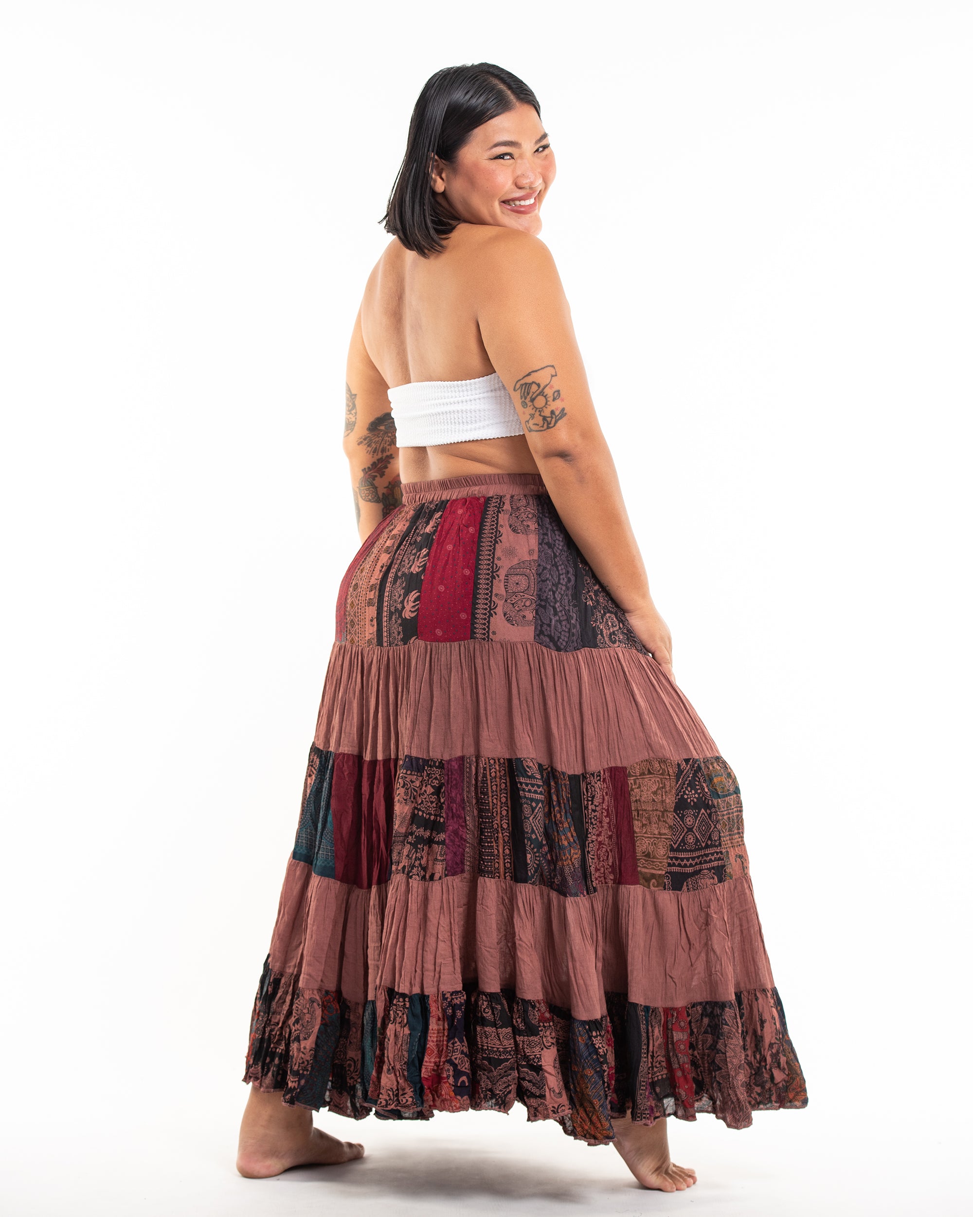 Plus Size Patchwork Long Skirt in Light Brown