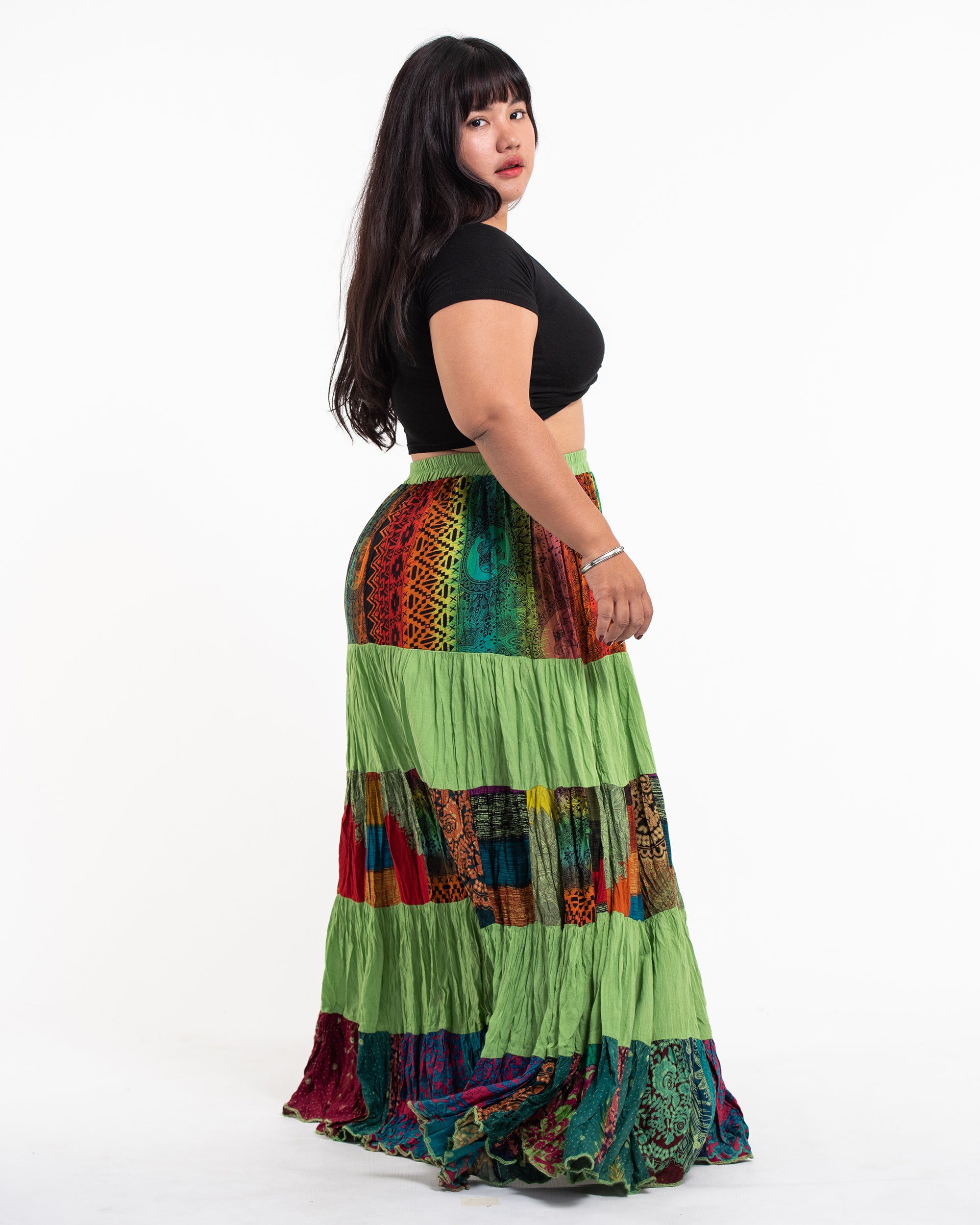 Plus Size Patchwork Long Skirt in Light Green