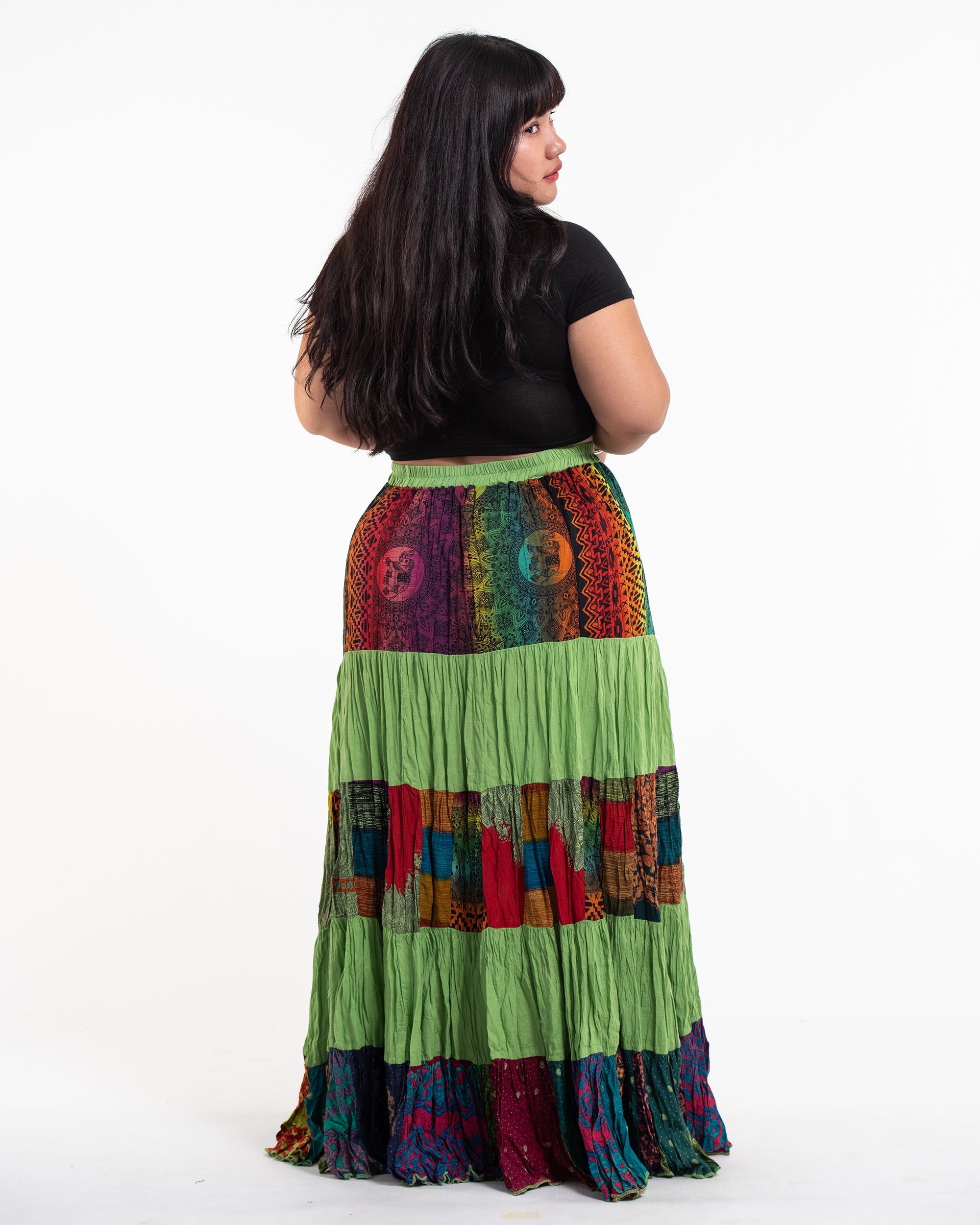 Plus Size Patchwork Long Skirt in Light Green