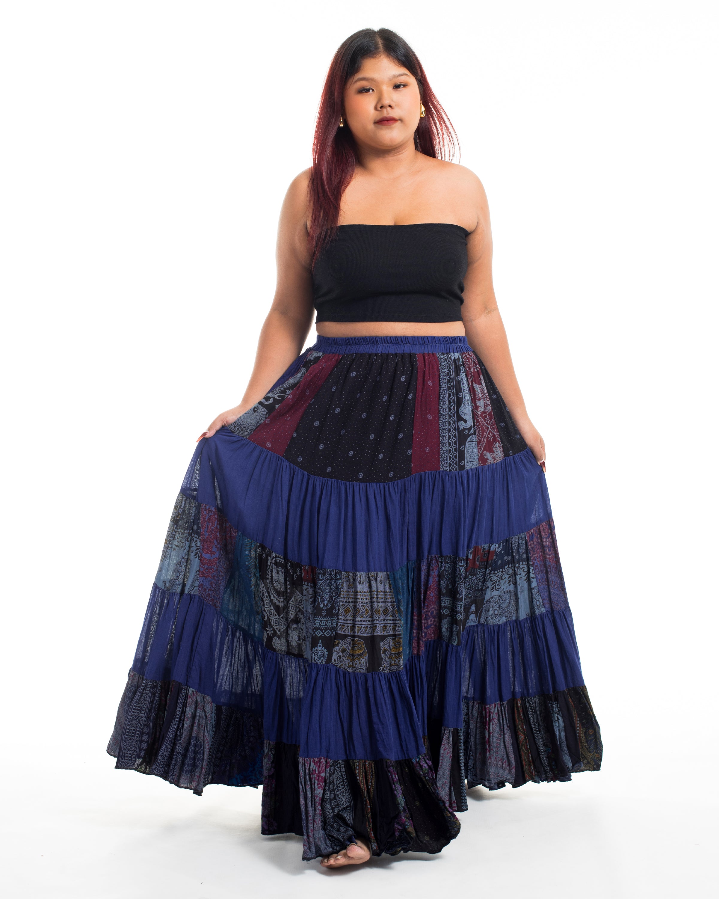 Plus Size Patchwork Long Skirt in Navy