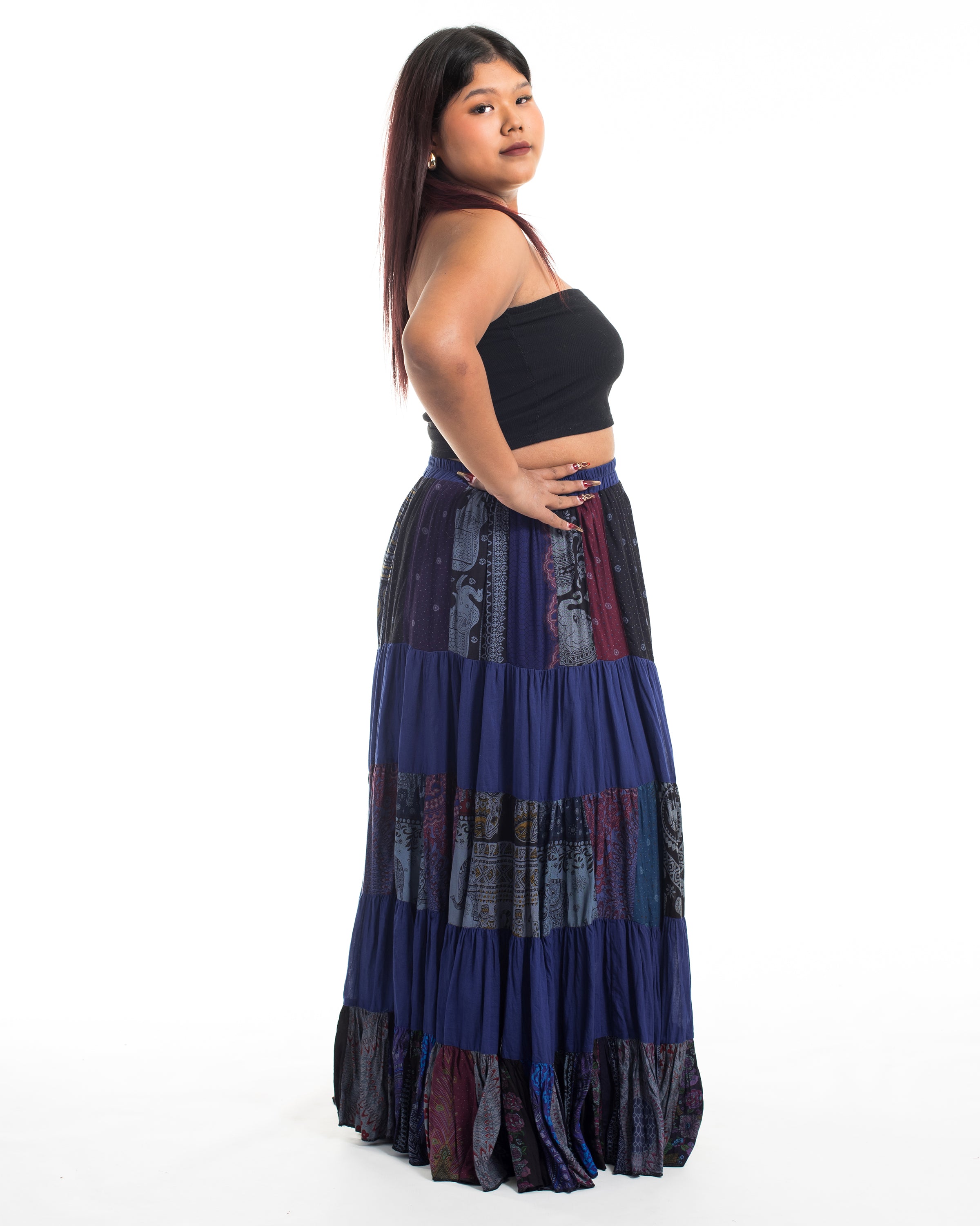 Plus Size Patchwork Long Skirt in Navy