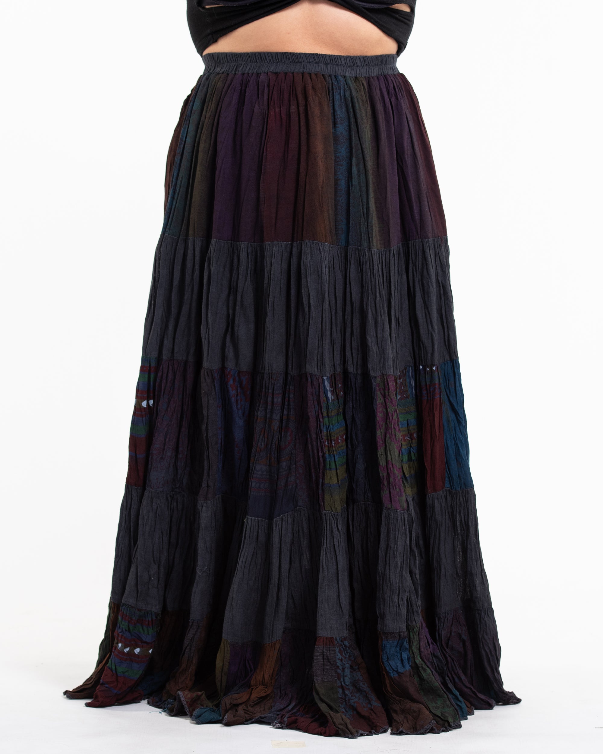 Plus Size Patchwork Long Skirt in Shadow Black