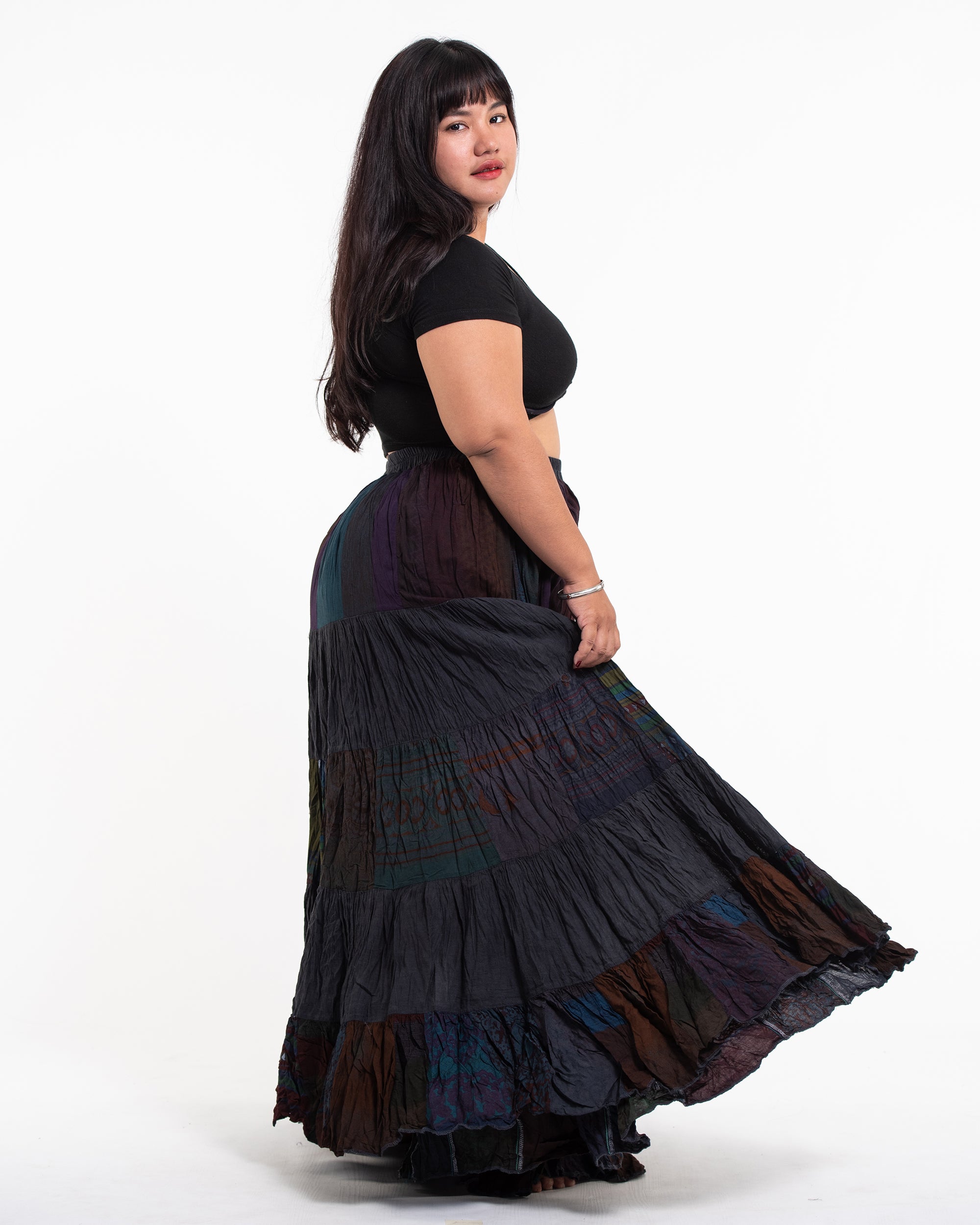 Plus Size Patchwork Long Skirt in Shadow Black