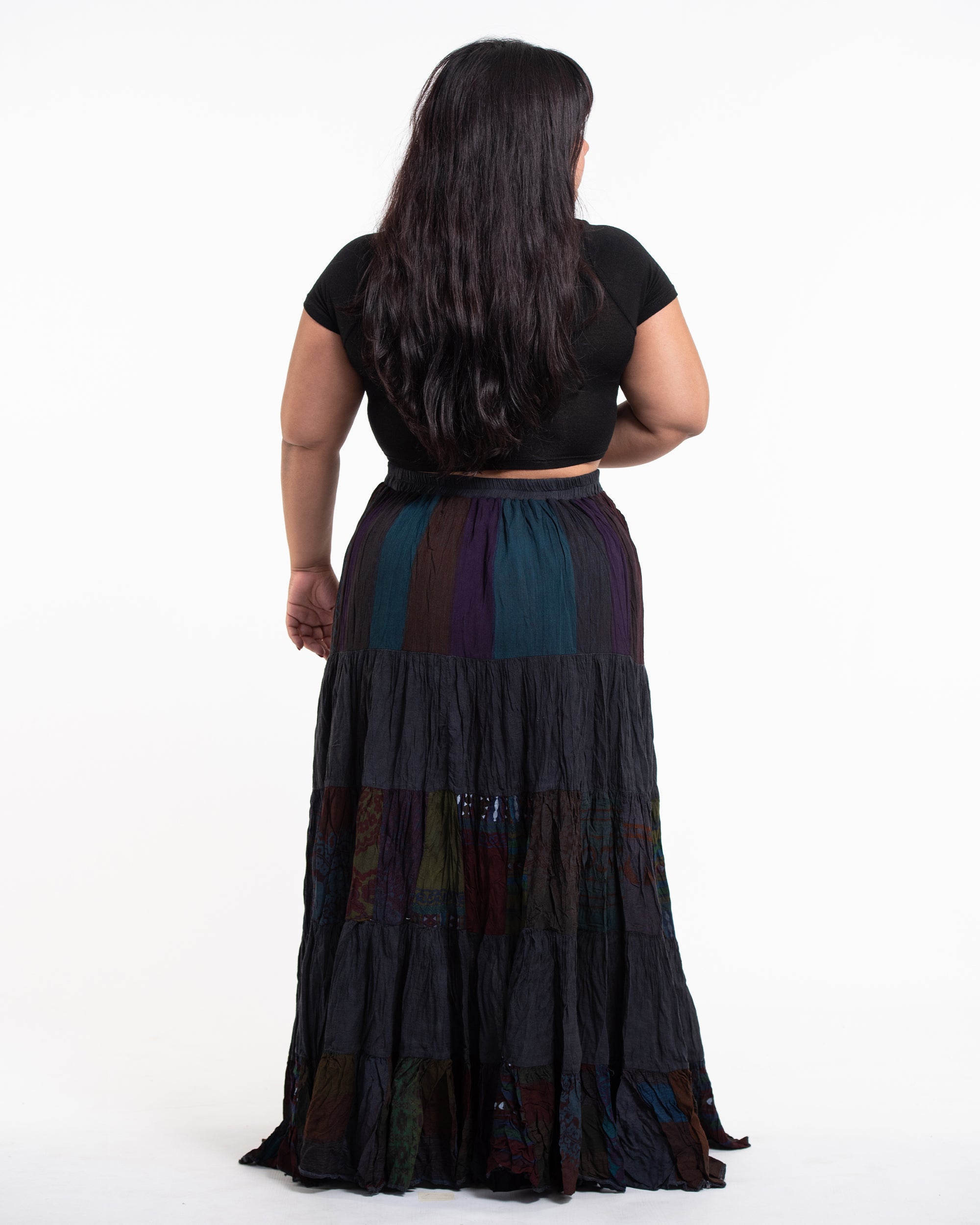 Plus Size Patchwork Long Skirt in Shadow Black