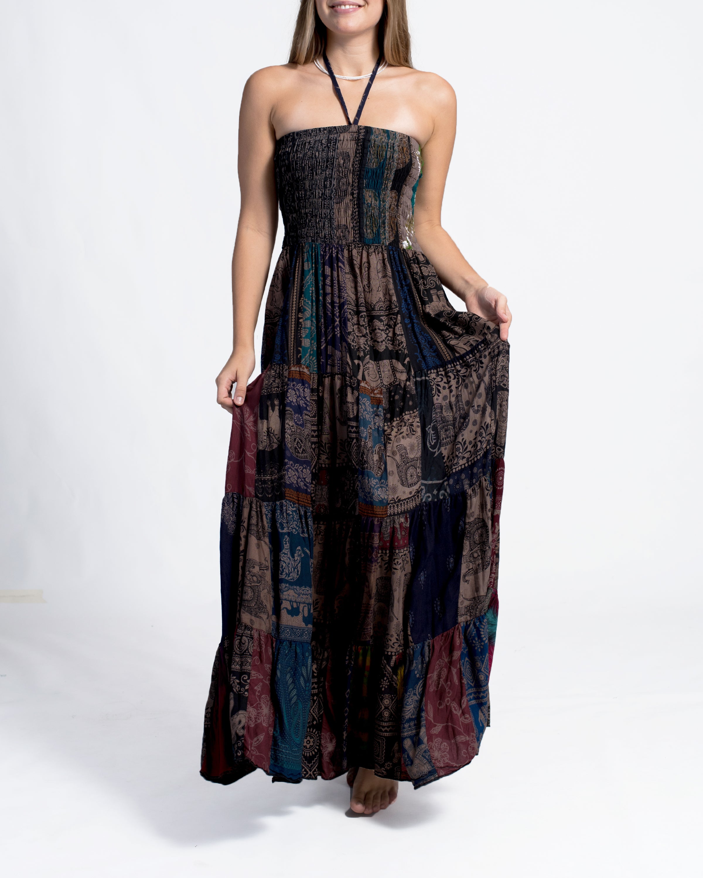 Upcycled Patchwork Multi Print Maxi Dress in Brown