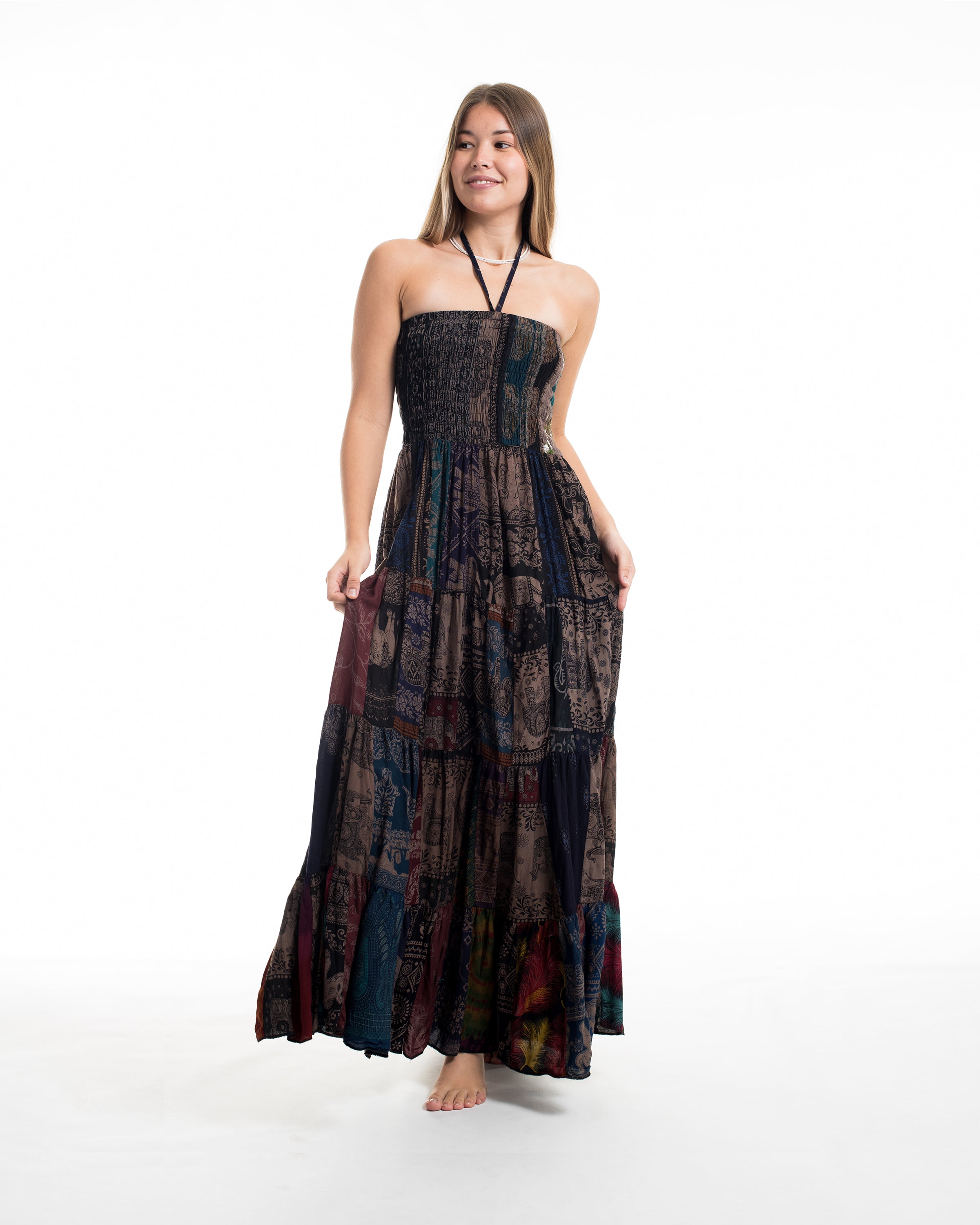Upcycled Patchwork Multi Print Maxi Dress in Brown