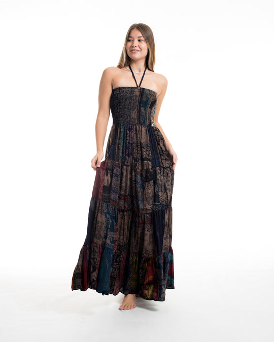 Upcycled Patchwork Multi Print Maxi Dress in Brown