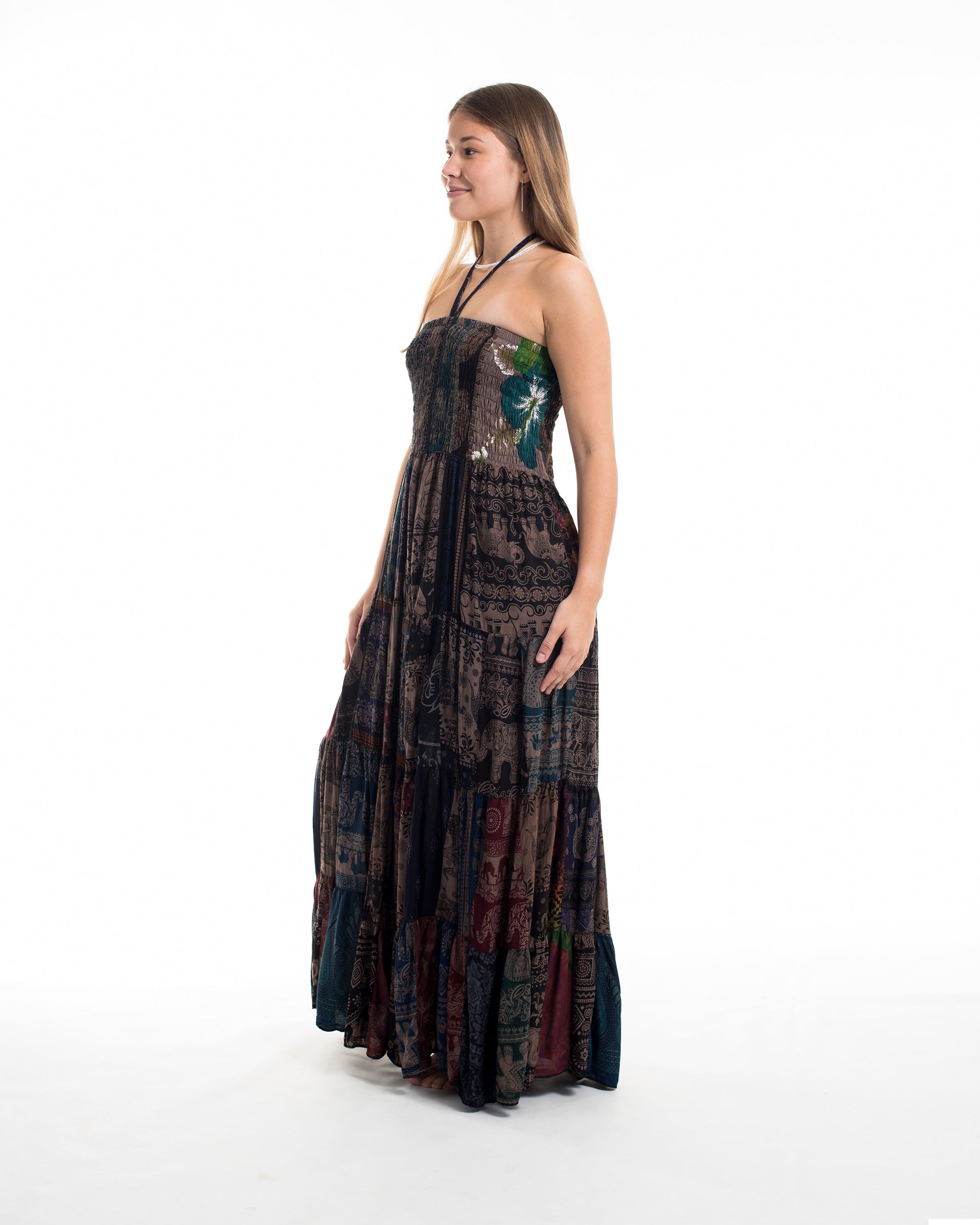 Upcycled Patchwork Multi Print Maxi Dress in Brown