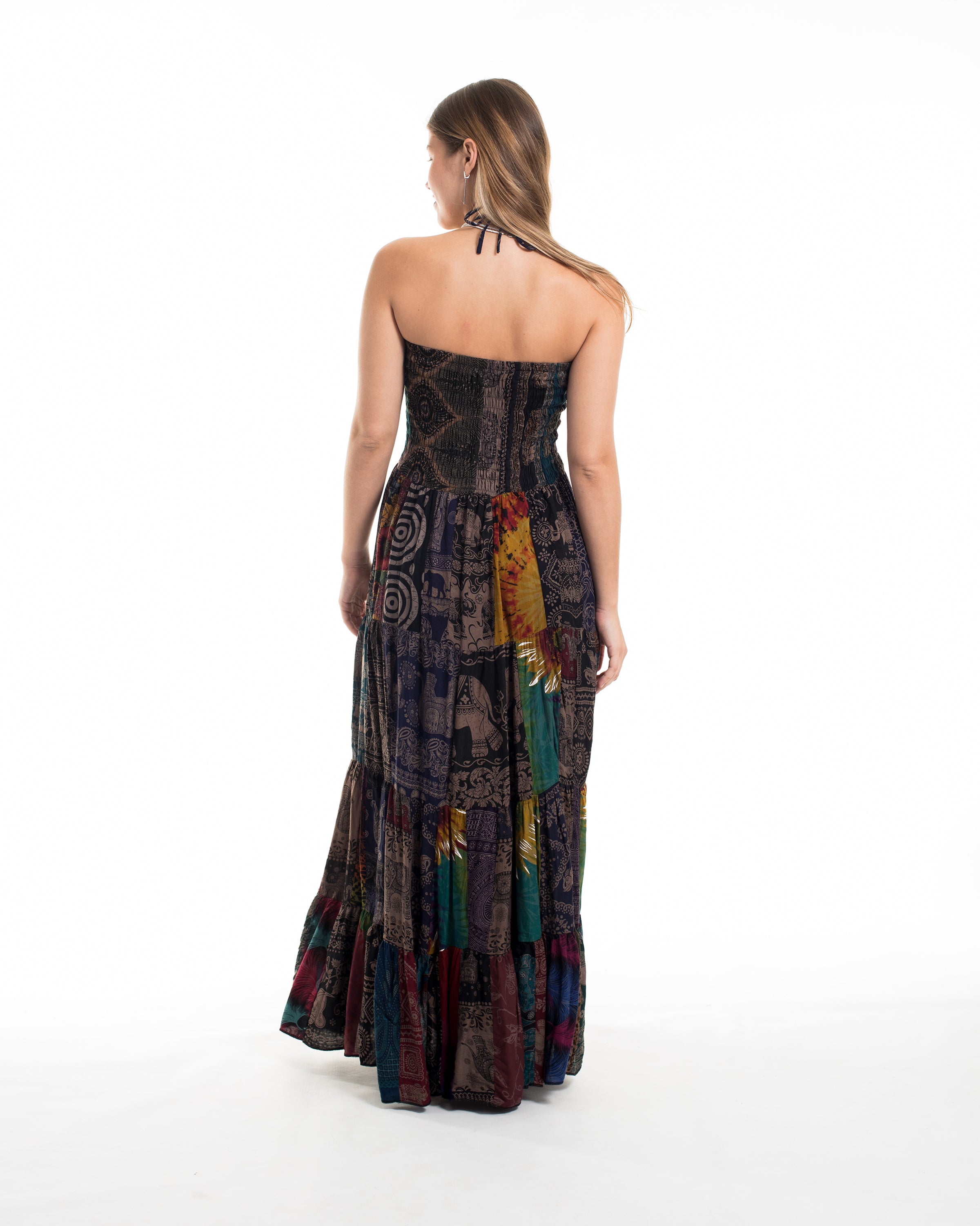 Upcycled Patchwork Multi Print Maxi Dress in Brown