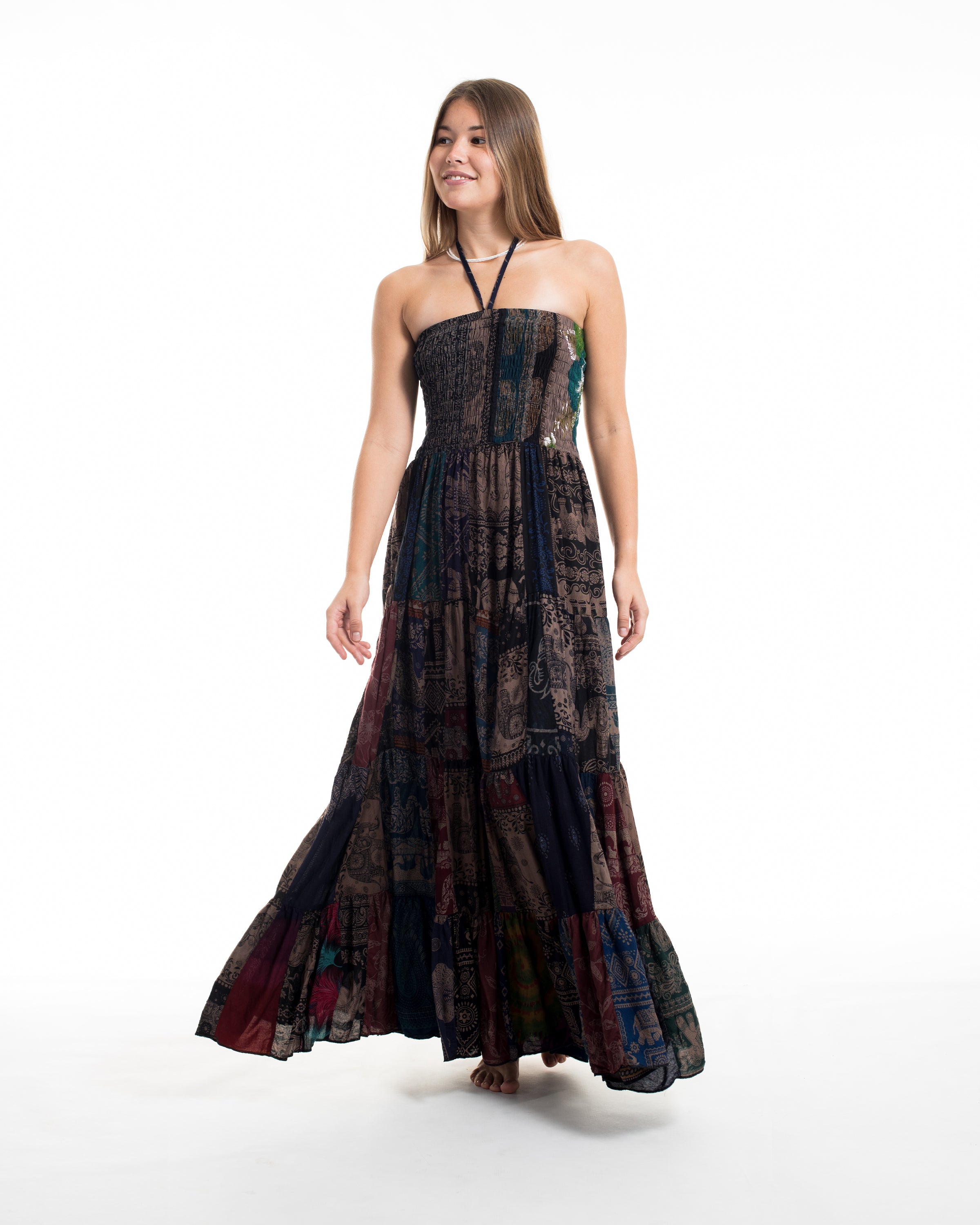 Upcycled Patchwork Multi Print Maxi Dress in Brown