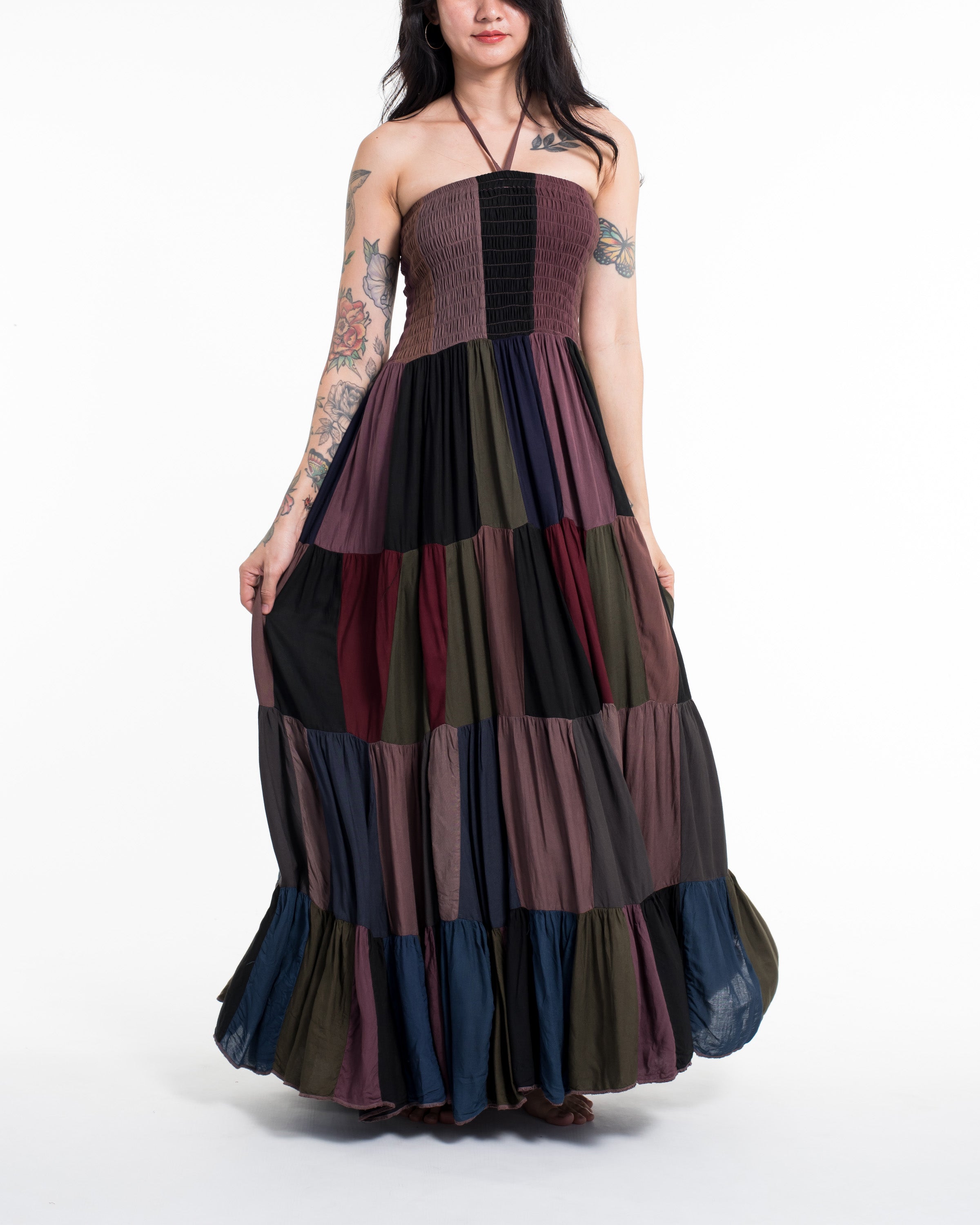 Upcycled Patchwork Maxi Dress in Brown