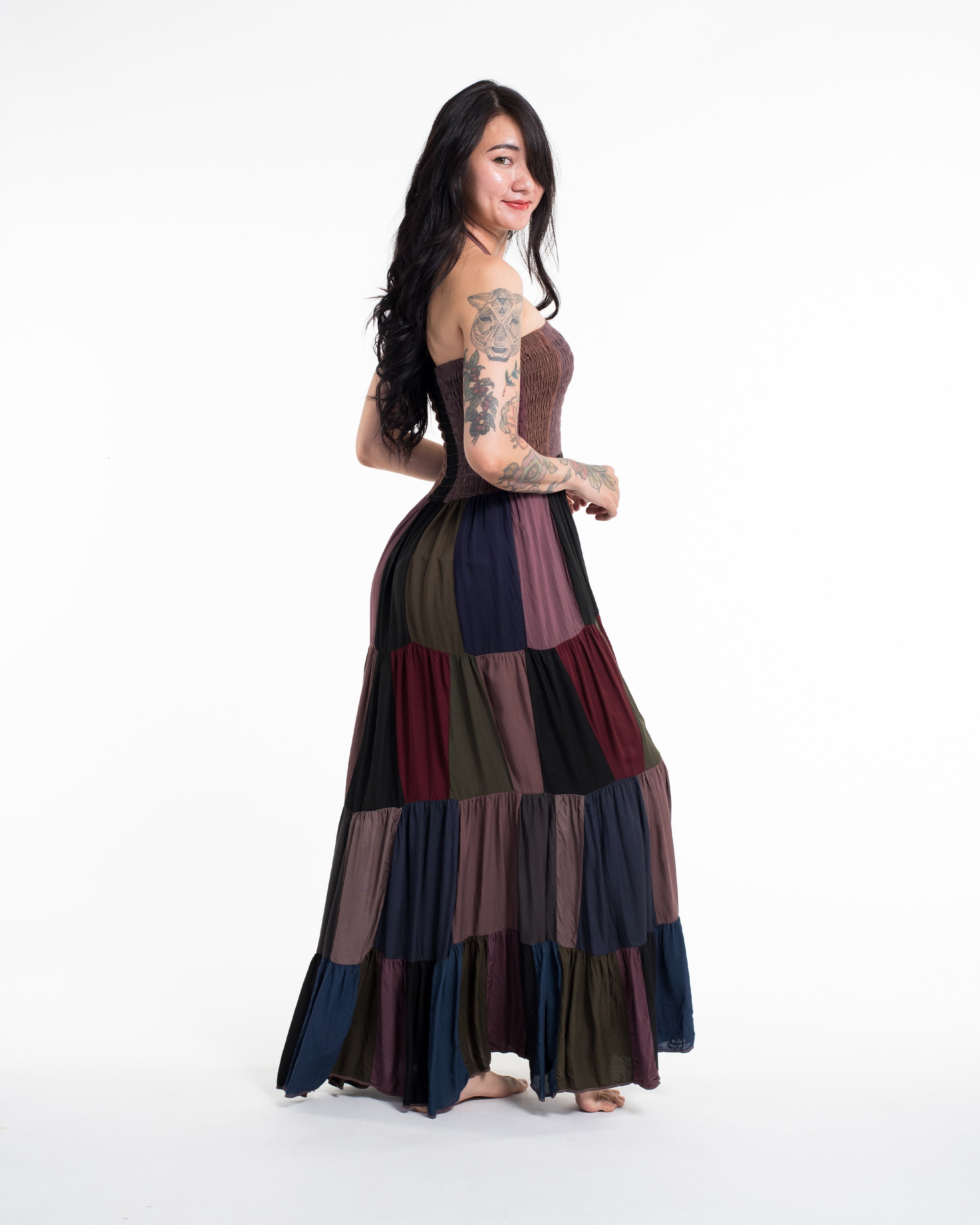 Upcycled Patchwork Maxi Dress in Brown