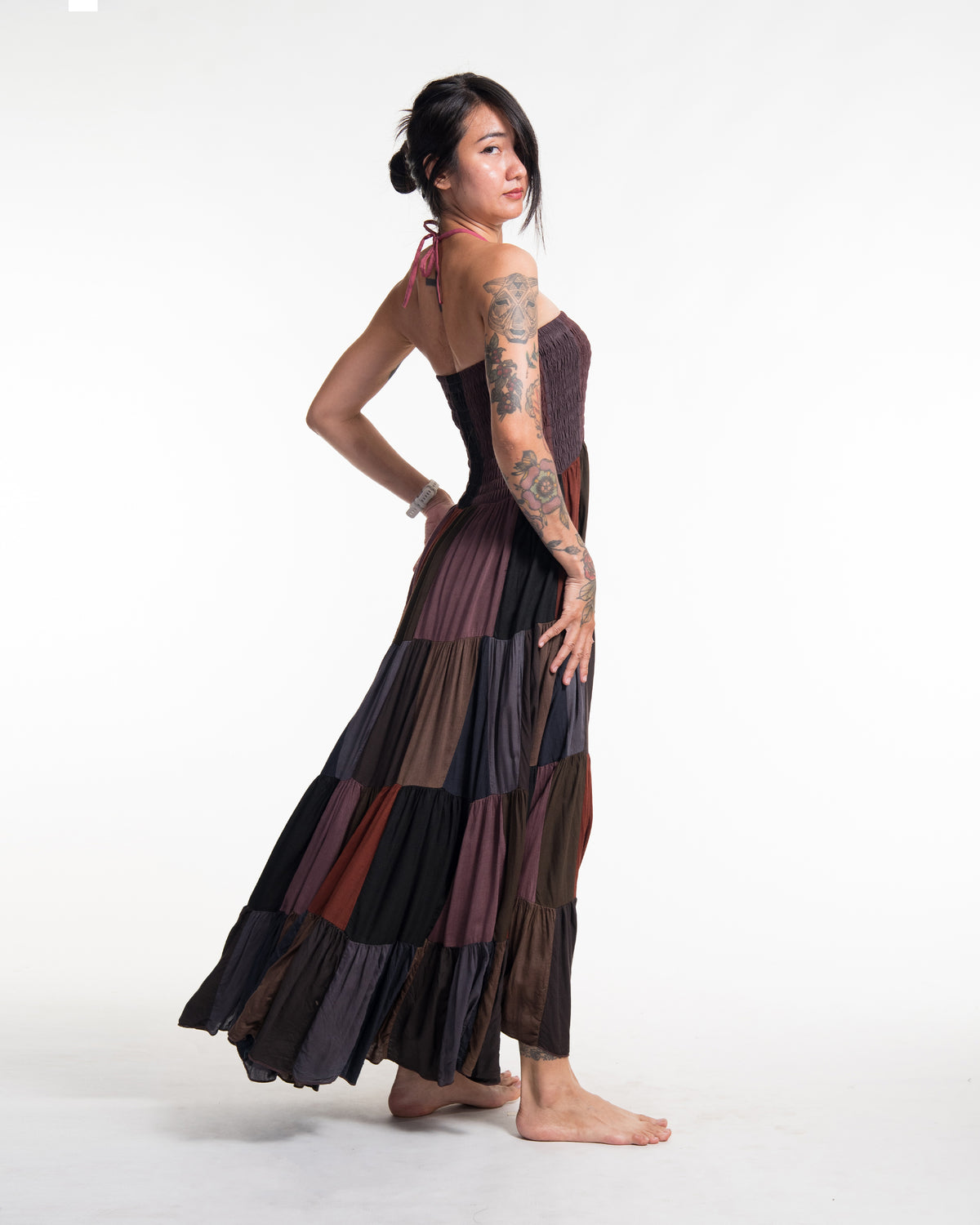 Upcycled Patchwork Maxi Dress in Brown