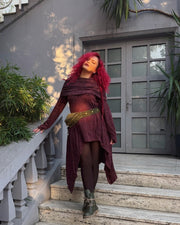 Ultra Long Hooded Sweater in Maroon