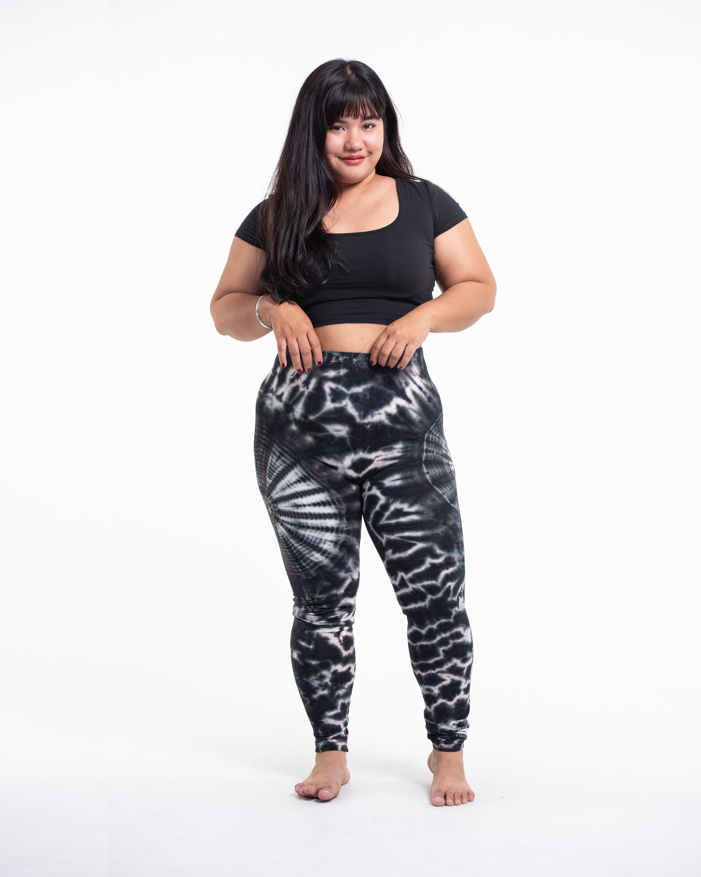 Plus Size Swirls Tie Dye Cotton Leggings in Black Brown