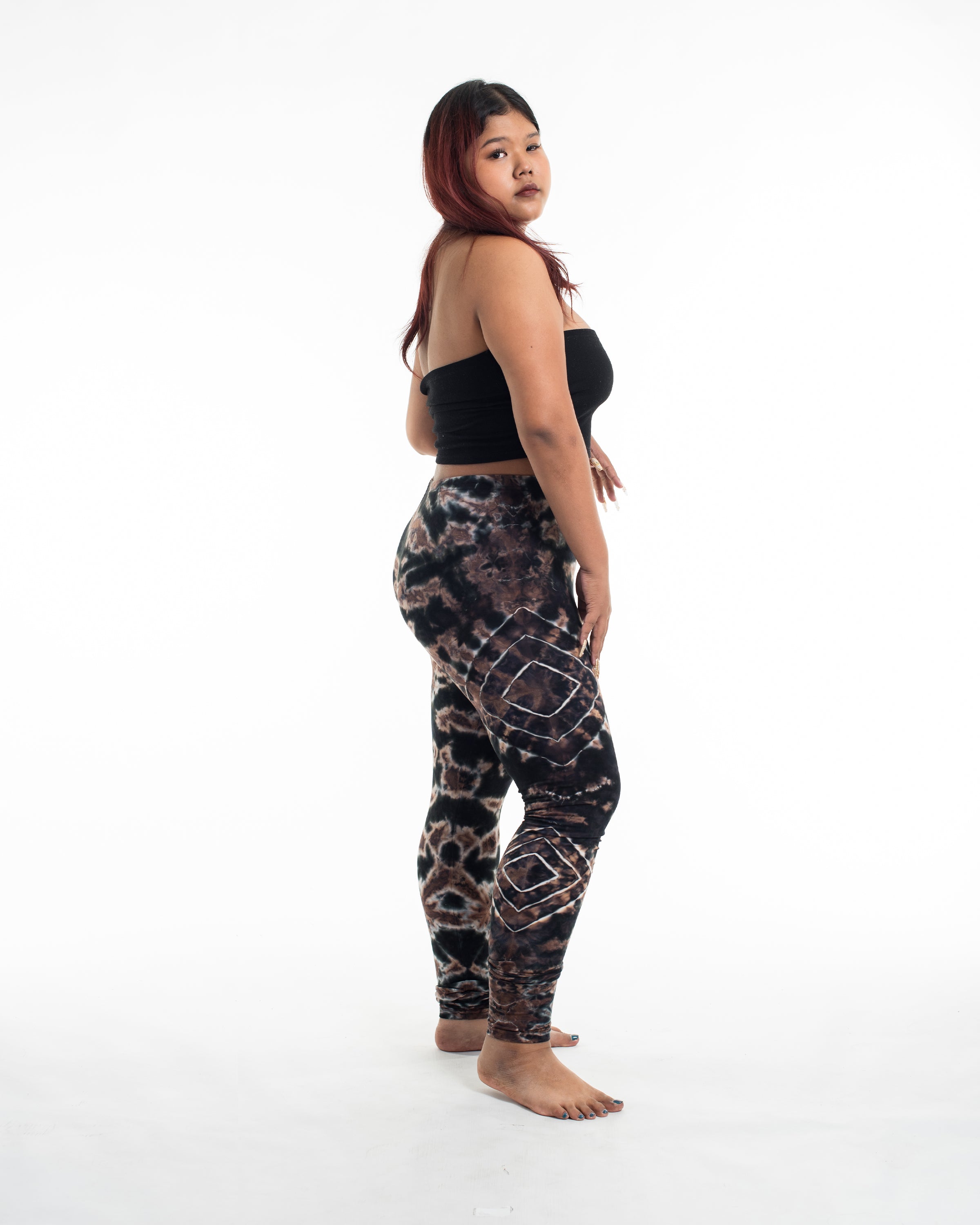 Plus Size Diamond Tie Dye Cotton Leggings in Brown