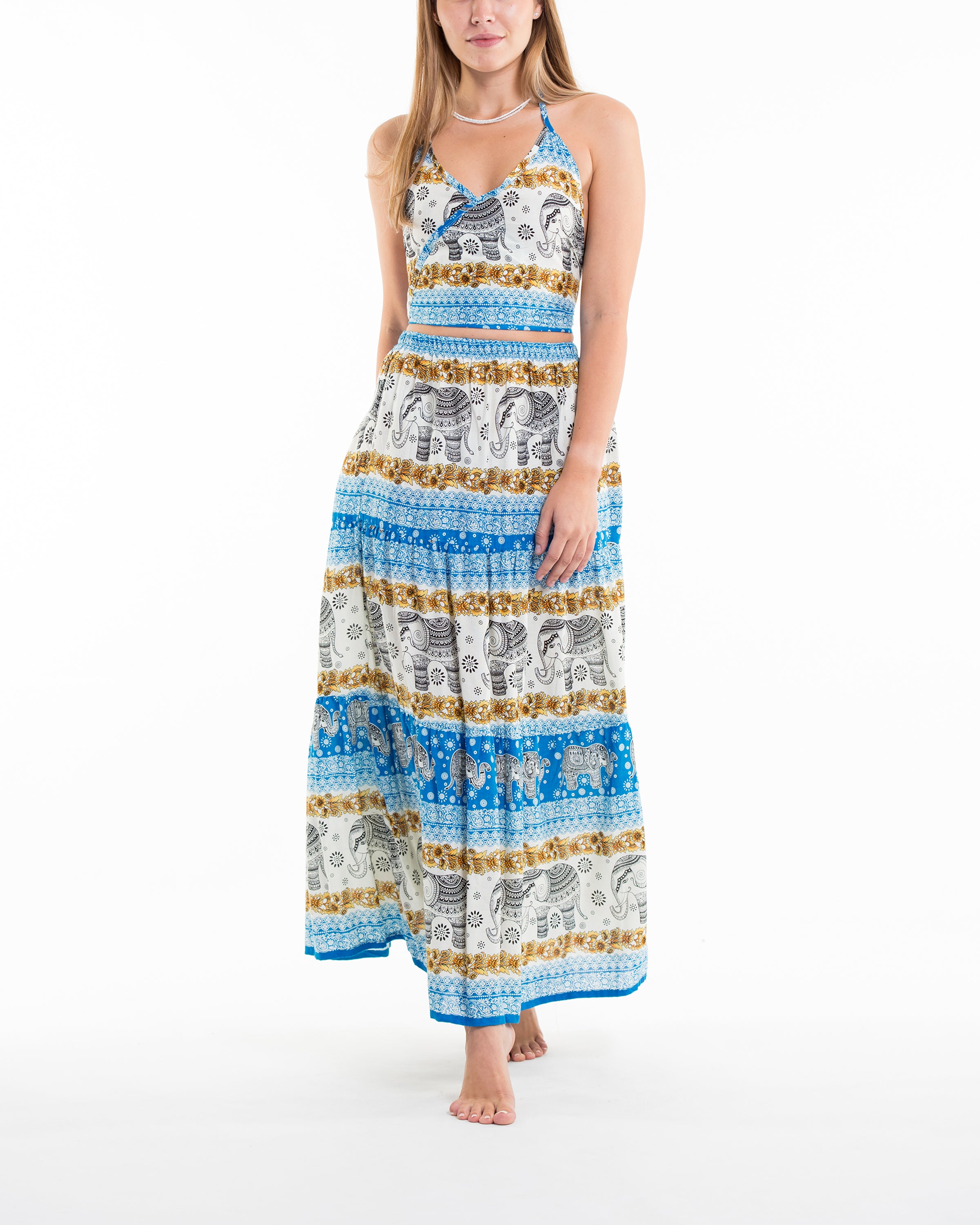 Elephant Dreams Crop Top and Long Skirt in Blue