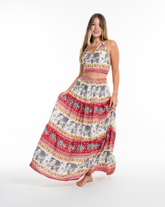 Elephant Dreams Crop Top and Long Skirt in Red