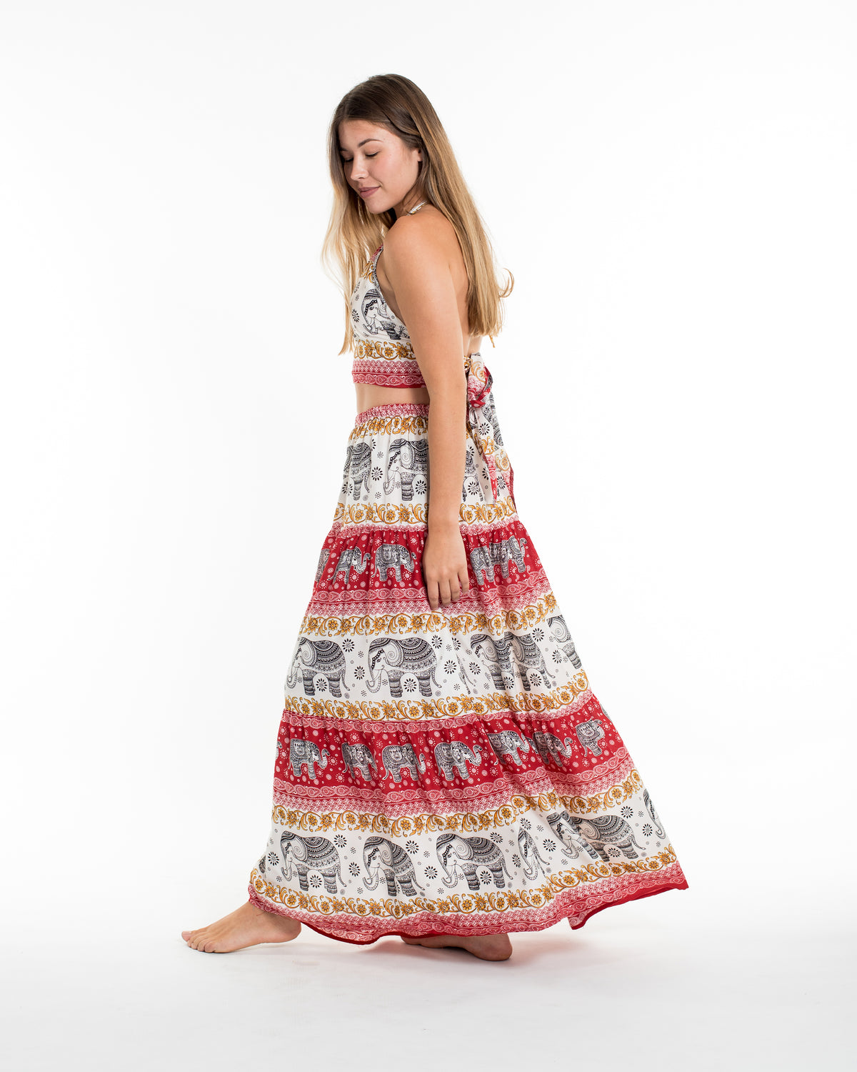 Elephant Dreams Crop Top and Long Skirt in Red