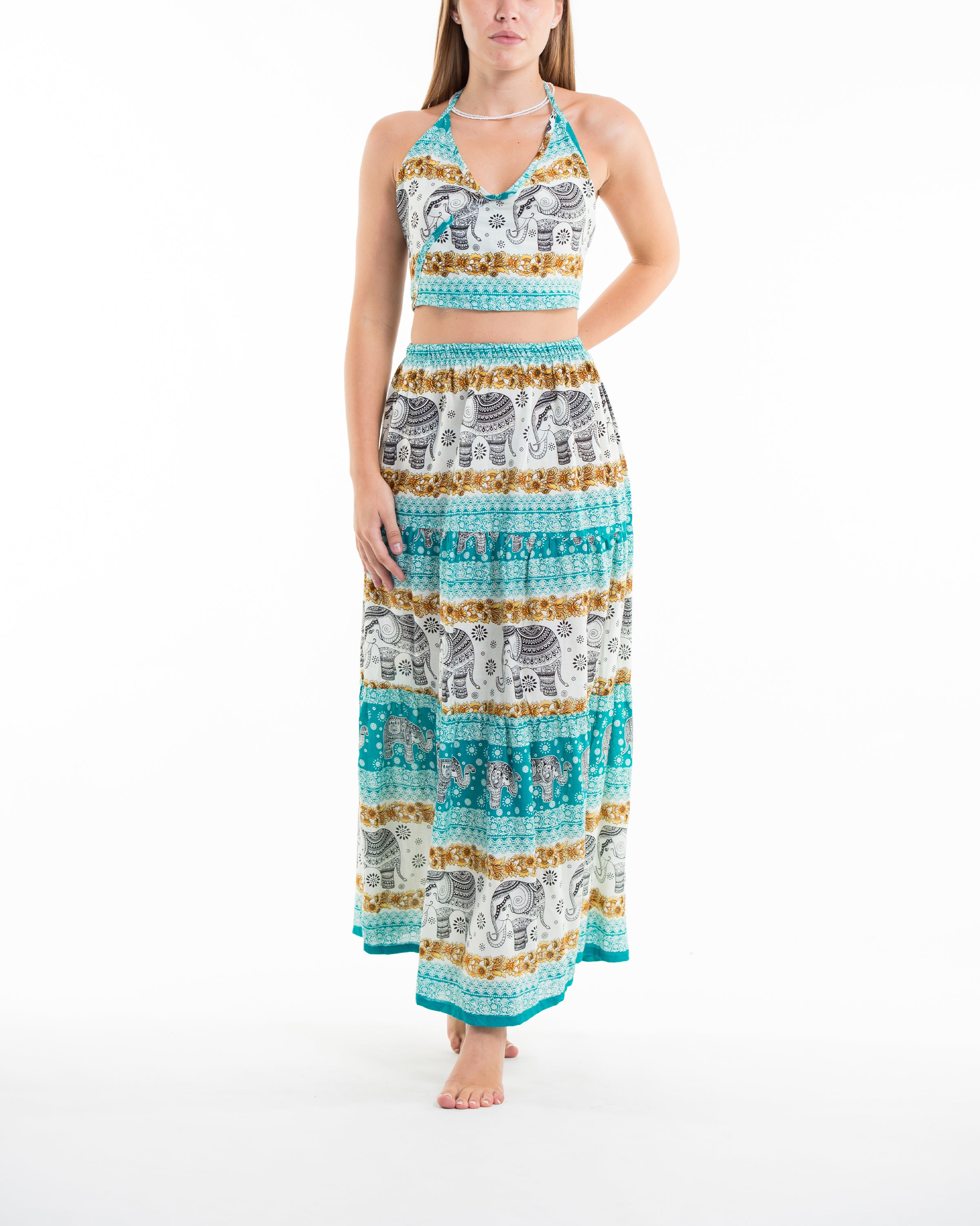 Elephant Dreams Crop Top and Long Skirt in Turquoise