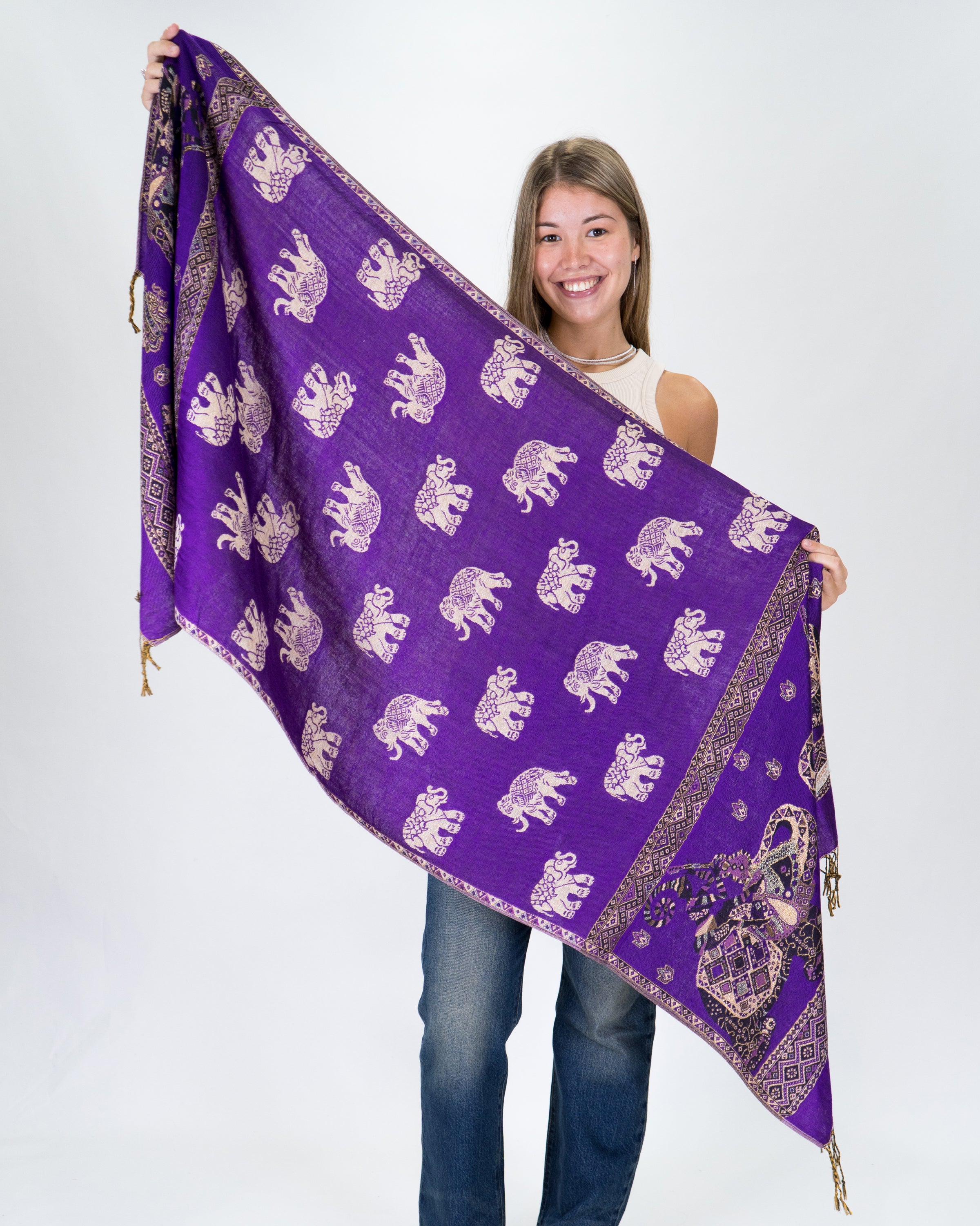 Nepal Elephant Pashmina Shawl Scarf in Purple