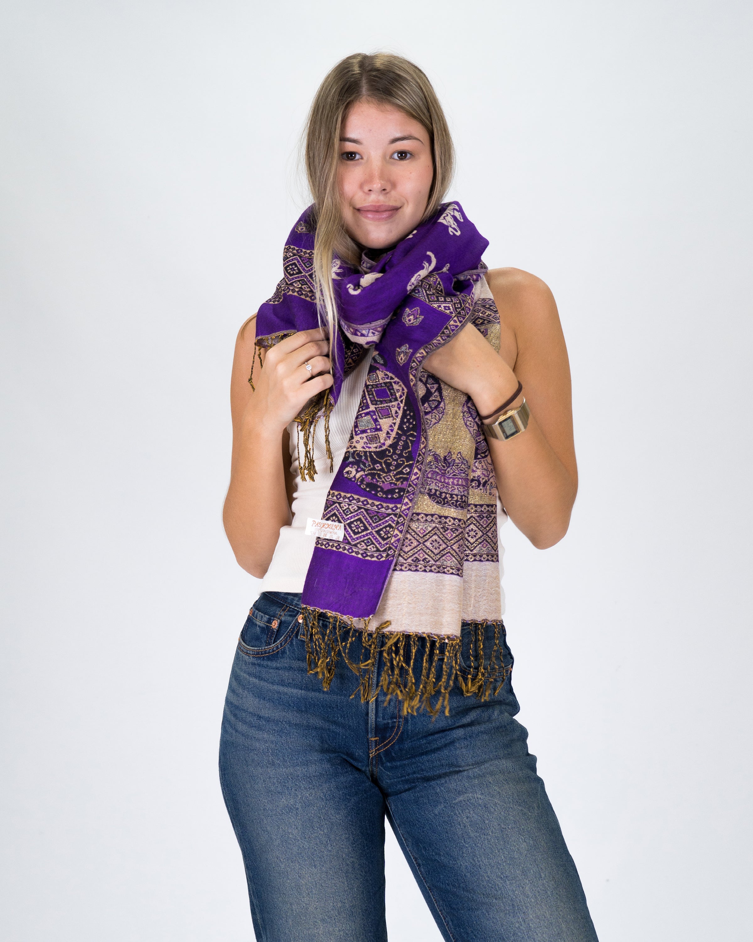 Nepal Elephant Pashmina Shawl Scarf in Purple
