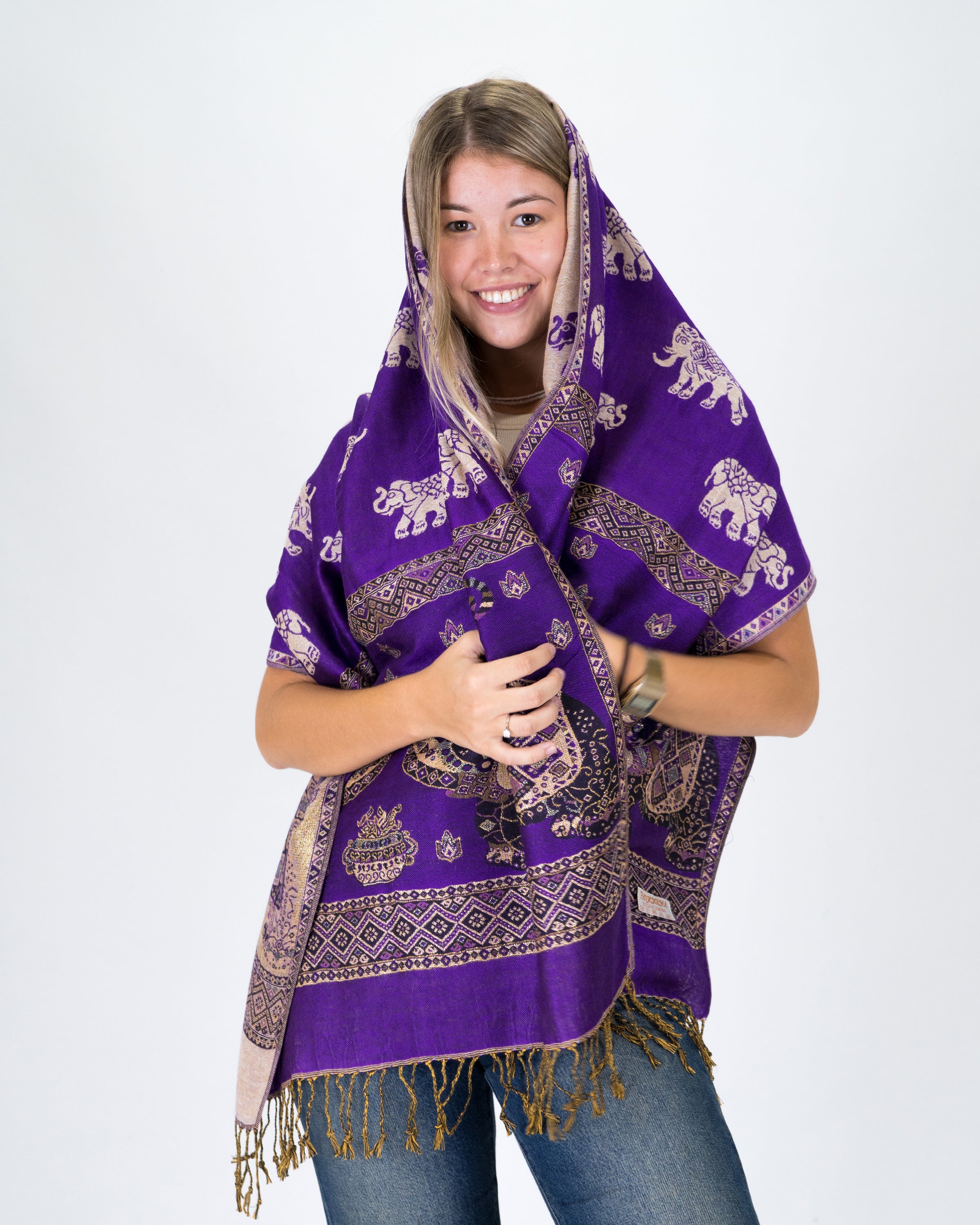 Nepal Elephant Pashmina Shawl Scarf in Purple