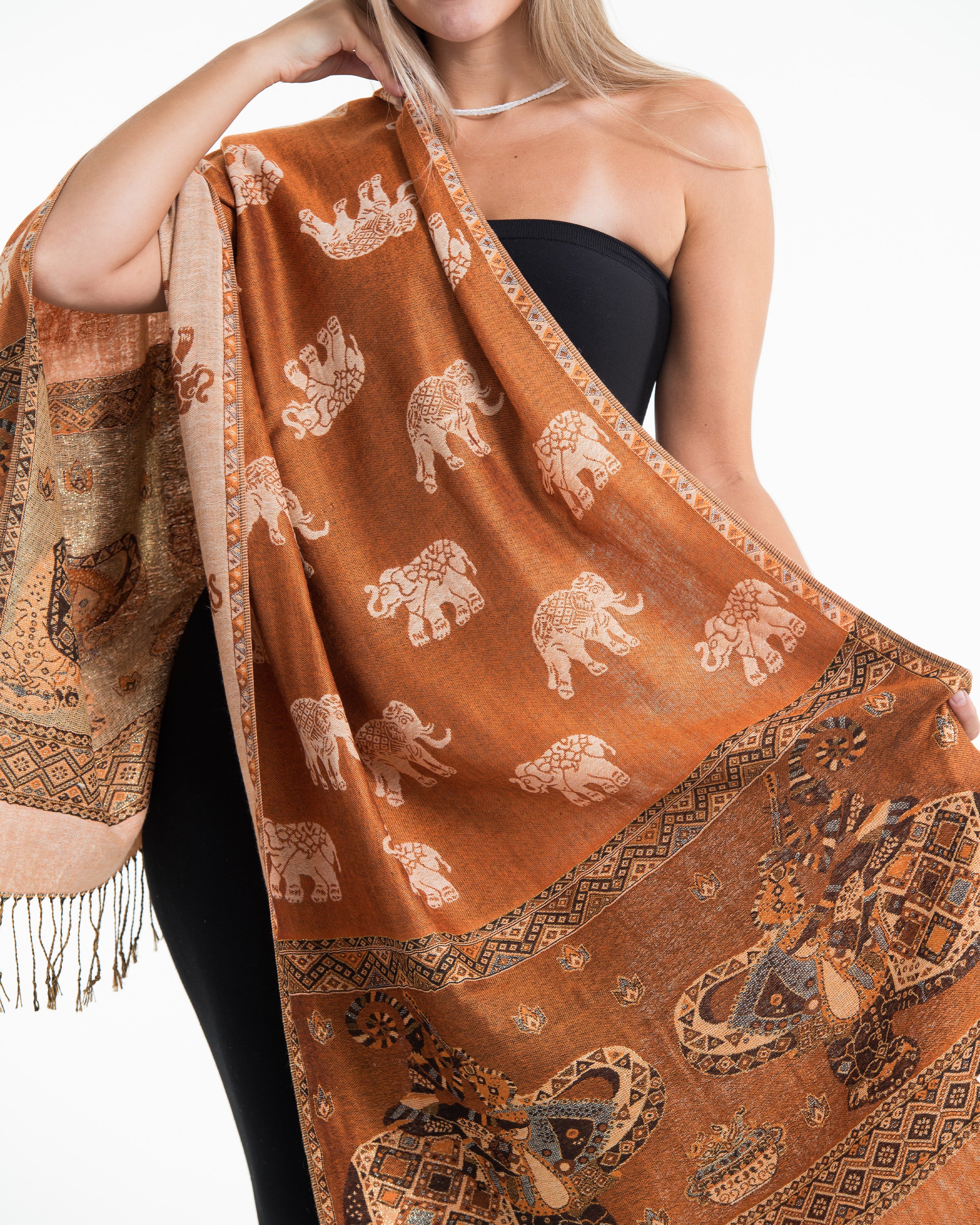 Nepal Elephant Pashmina Shawl Scarf in Rust