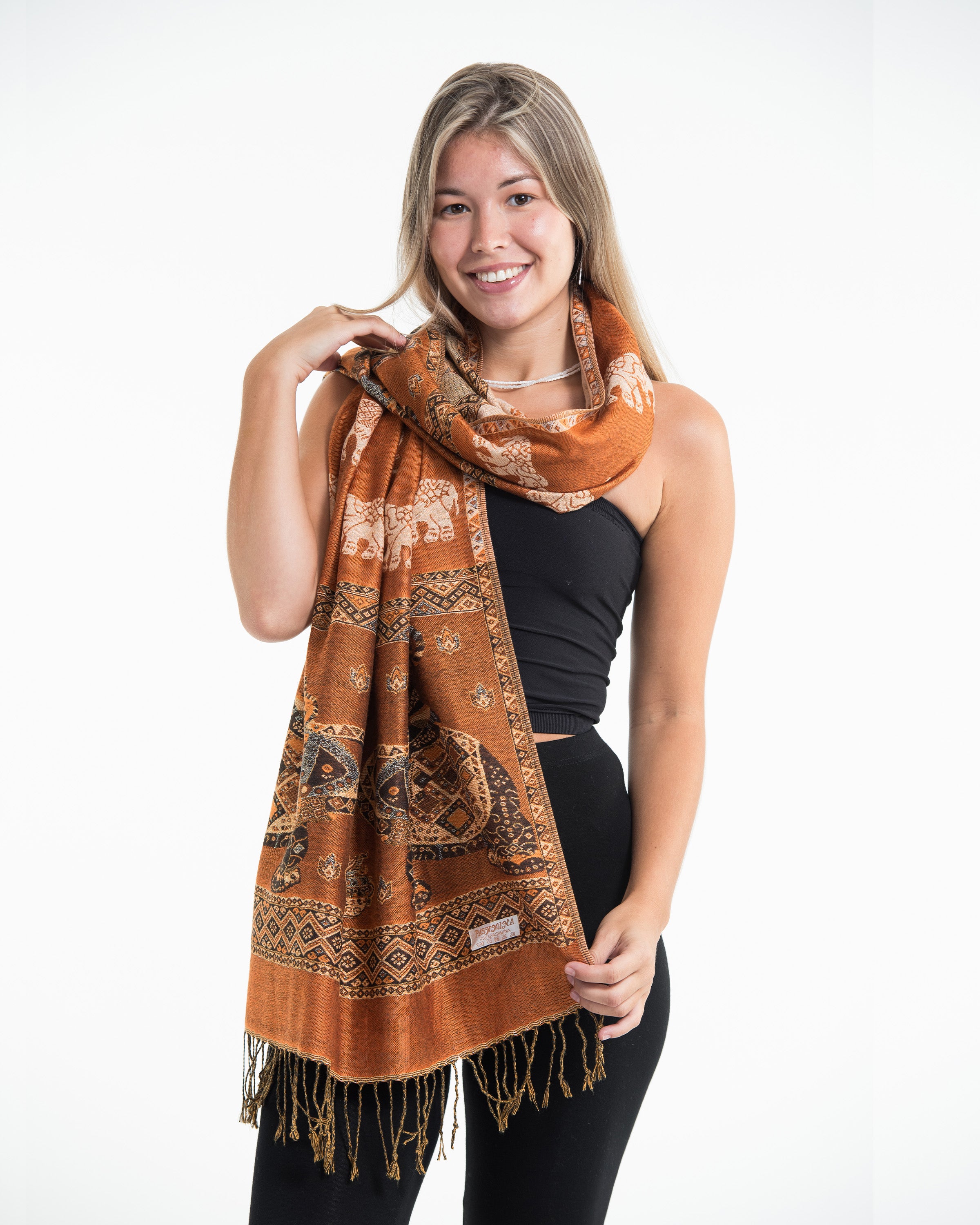 Nepal Elephant Pashmina Shawl Scarf in Rust