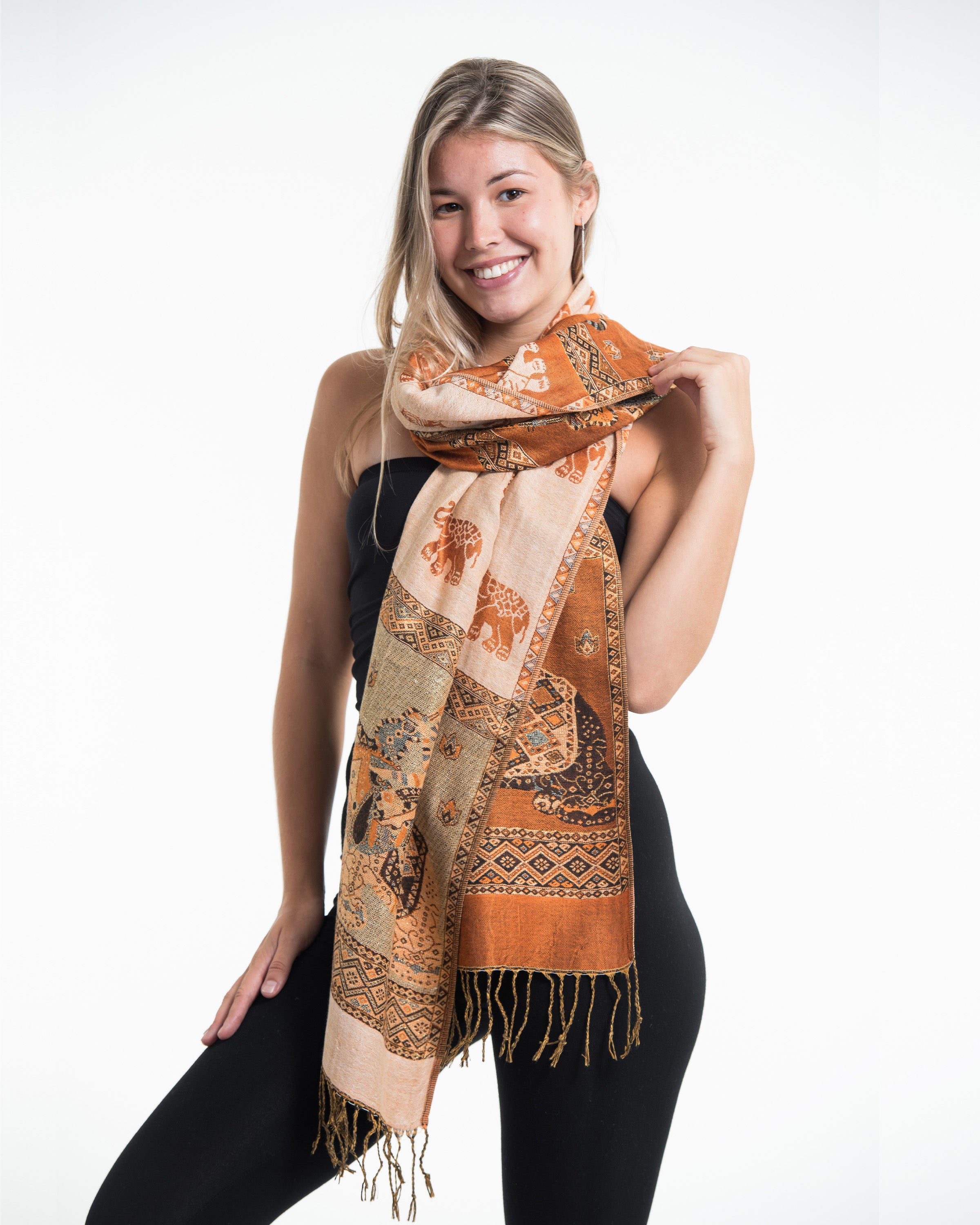 Nepal Elephant Pashmina Shawl Scarf in Rust