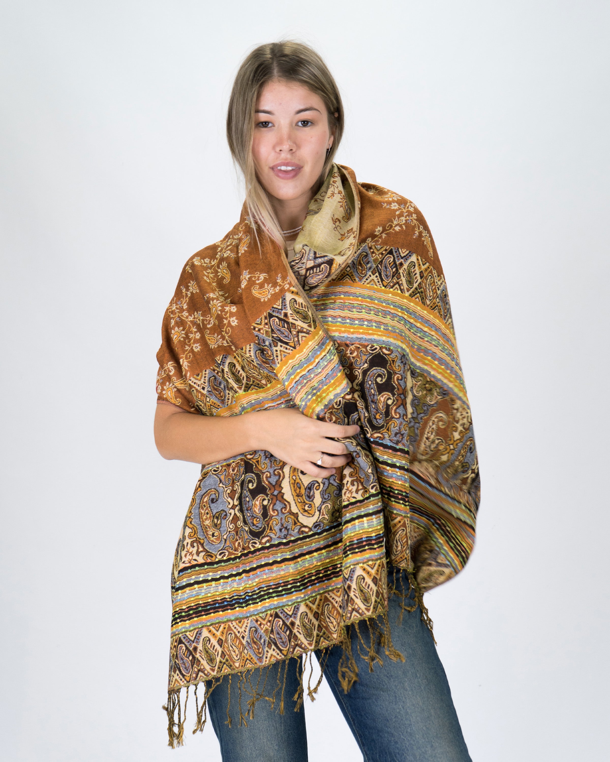 Nepal Floral Paisley Pashmina Shawl Scarf in Gold