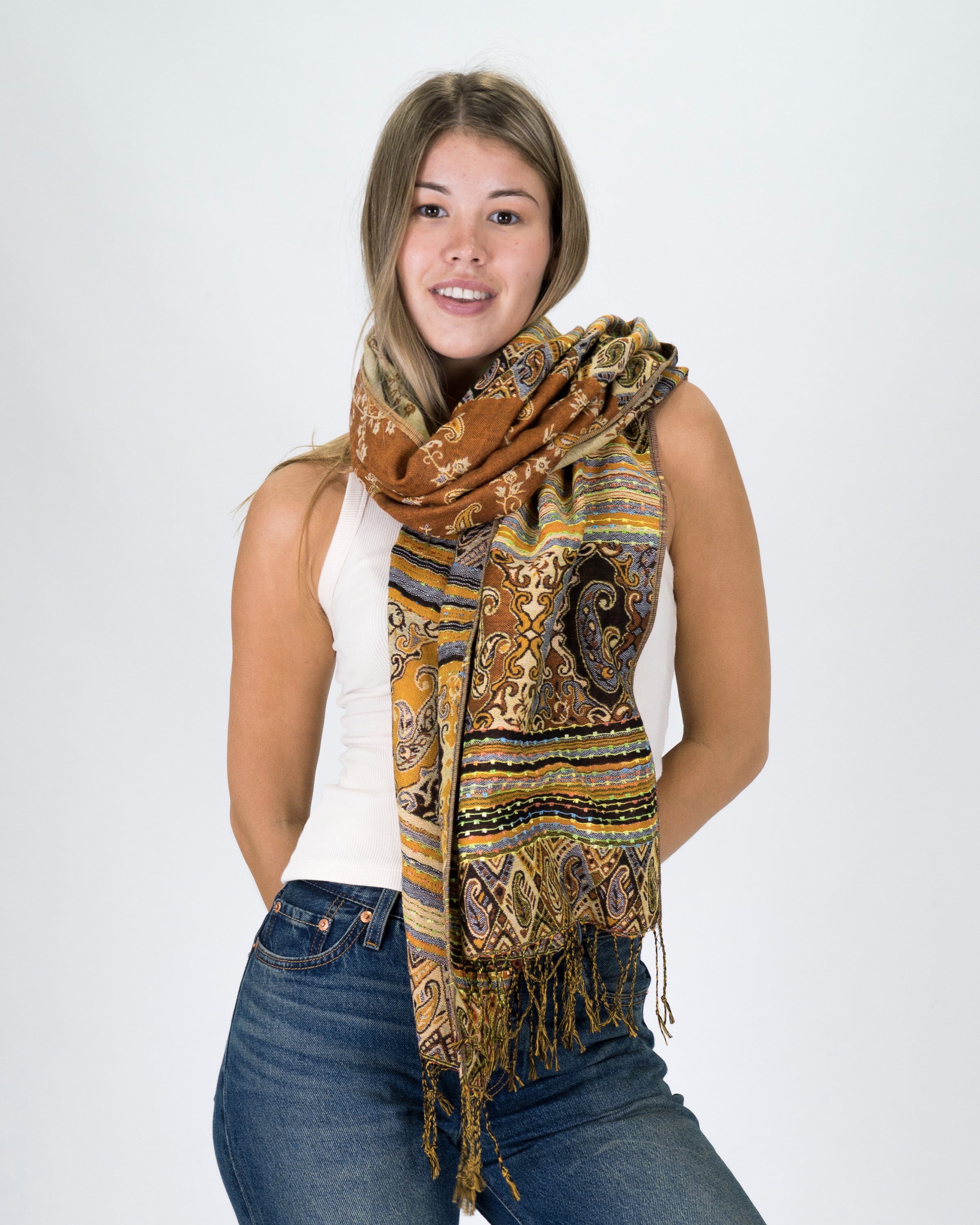 Nepal Floral Paisley Pashmina Shawl Scarf in Gold