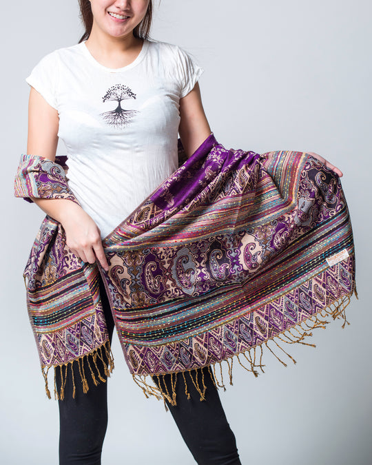 Nepal Floral Paisley Pashmina Shawl Scarf in Purple