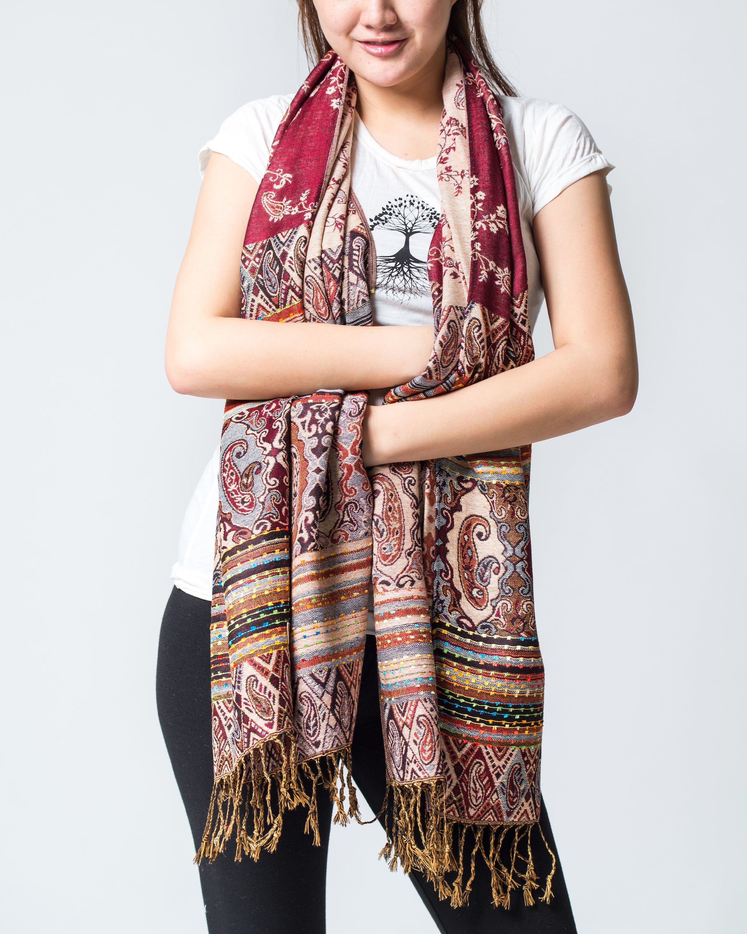 Nepal Floral Paisley Pashmina Shawl Scarf in Red