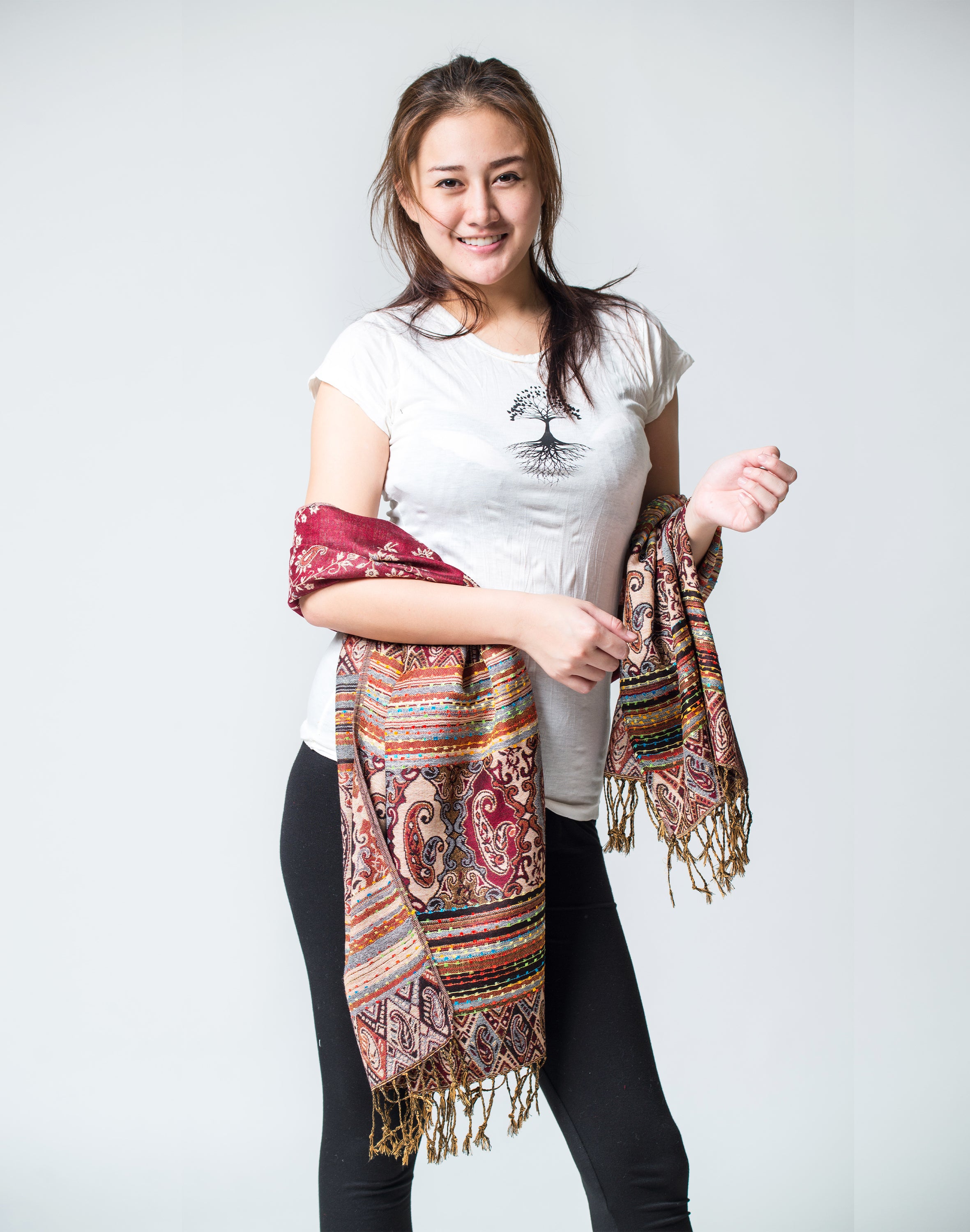 Nepal Floral Paisley Pashmina Shawl Scarf in Red