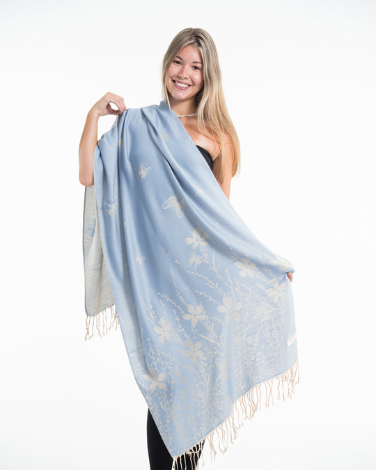 Nepal Floral Butterfly Pashmina Shawl Scarf in Blue