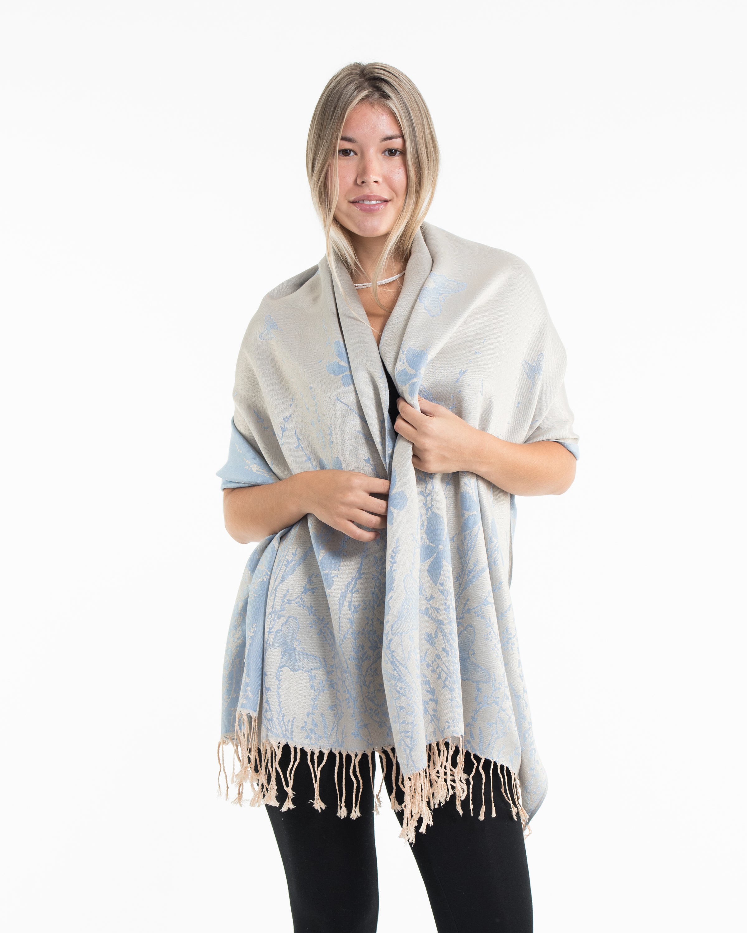 Nepal Floral Butterfly Pashmina Shawl Scarf in Blue