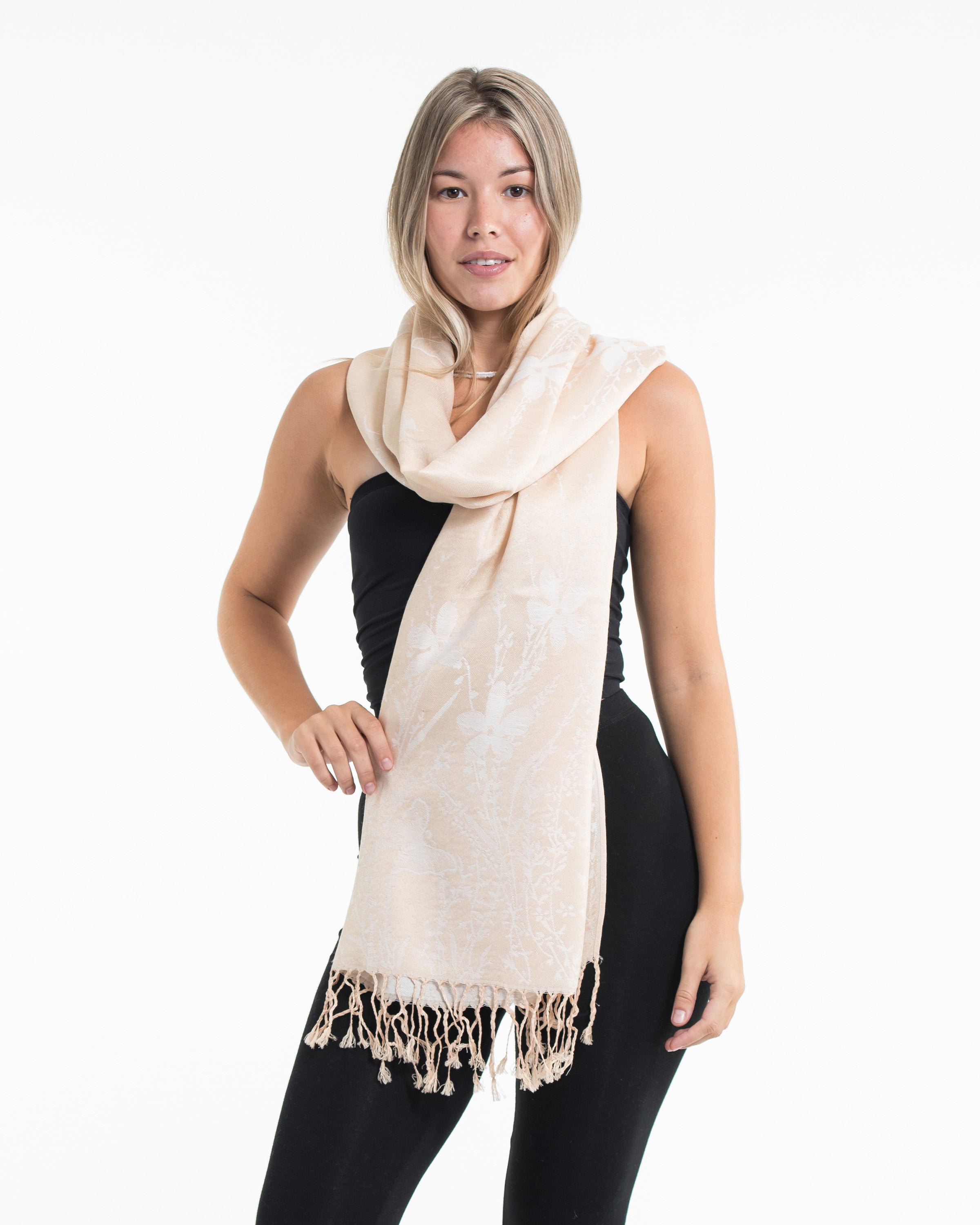Nepal Floral Butterfly Pashmina Shawl Scarf in Cream