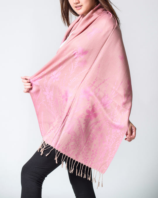 Nepal Floral Butterfly Pashmina Shawl Scarf in Pink