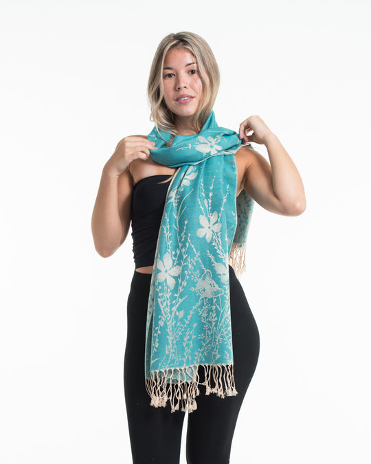 Nepal Floral Butterfly Pashmina Shawl Scarf in Turquoise