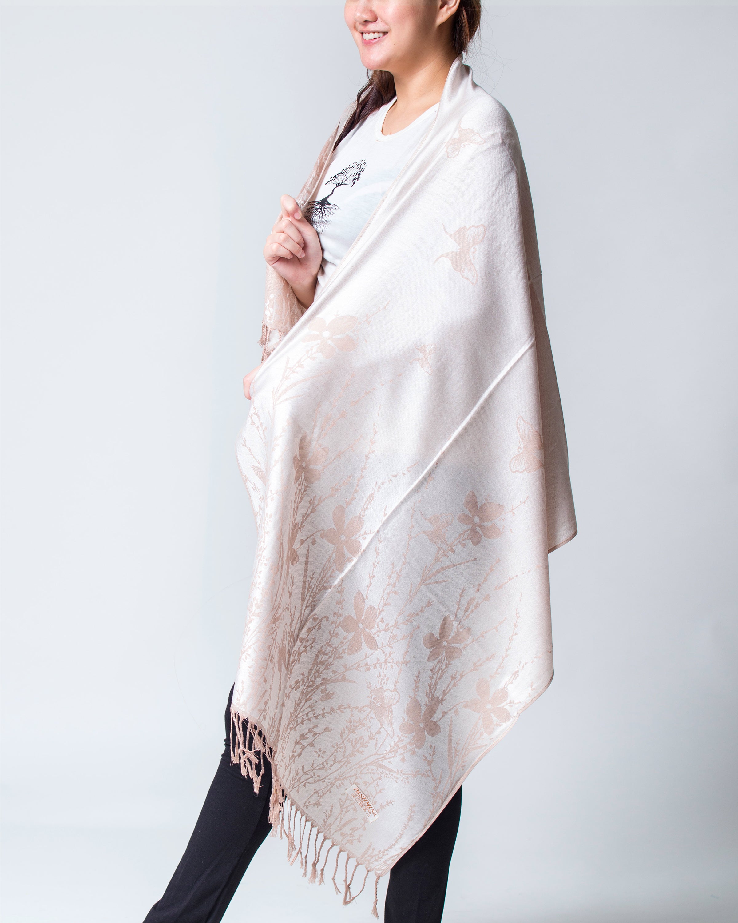 Nepal Floral Butterfly Pashmina Shawl Scarf in White
