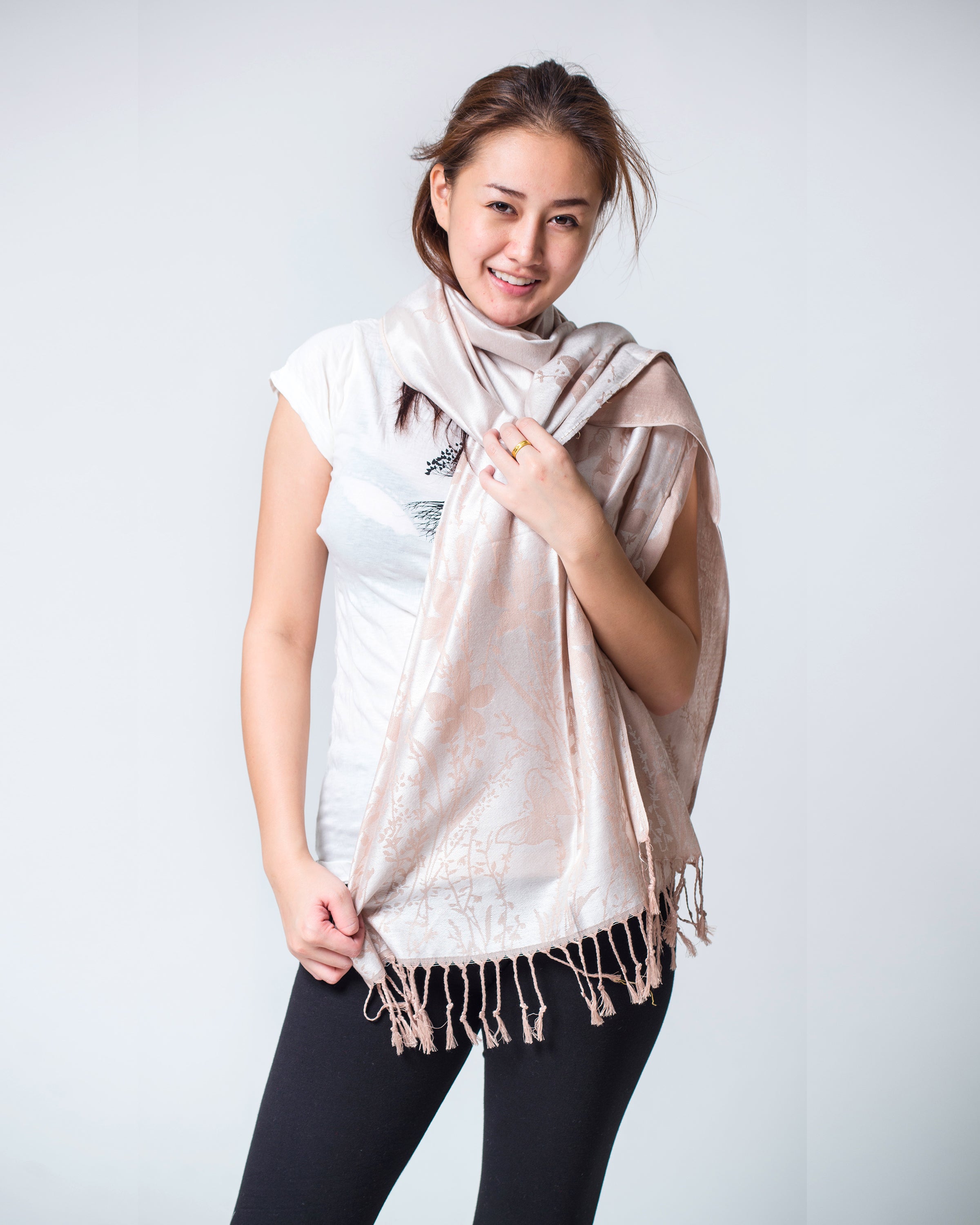 Nepal Floral Butterfly Pashmina Shawl Scarf in White
