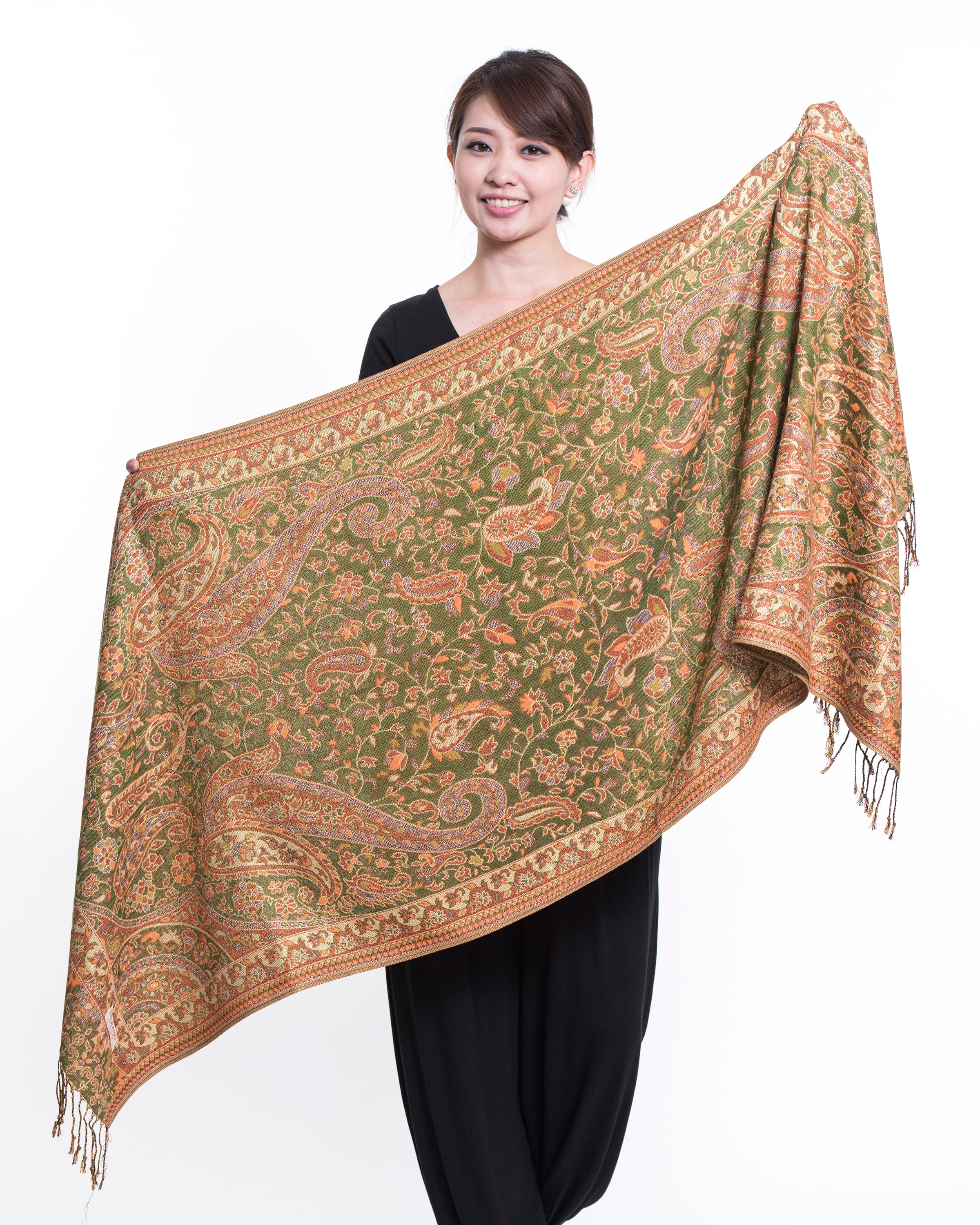 Nepal Traditional Paisley Pashmina Shawl Scarf in Green