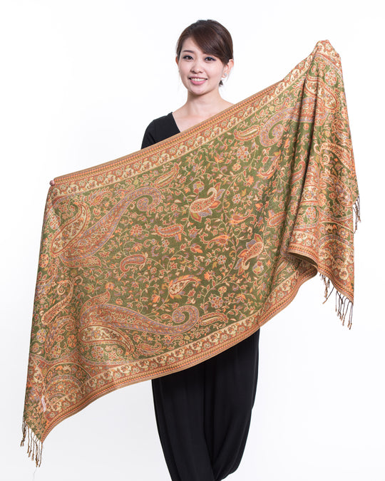 Nepal Traditional Paisley Pashmina Shawl Scarf in Green