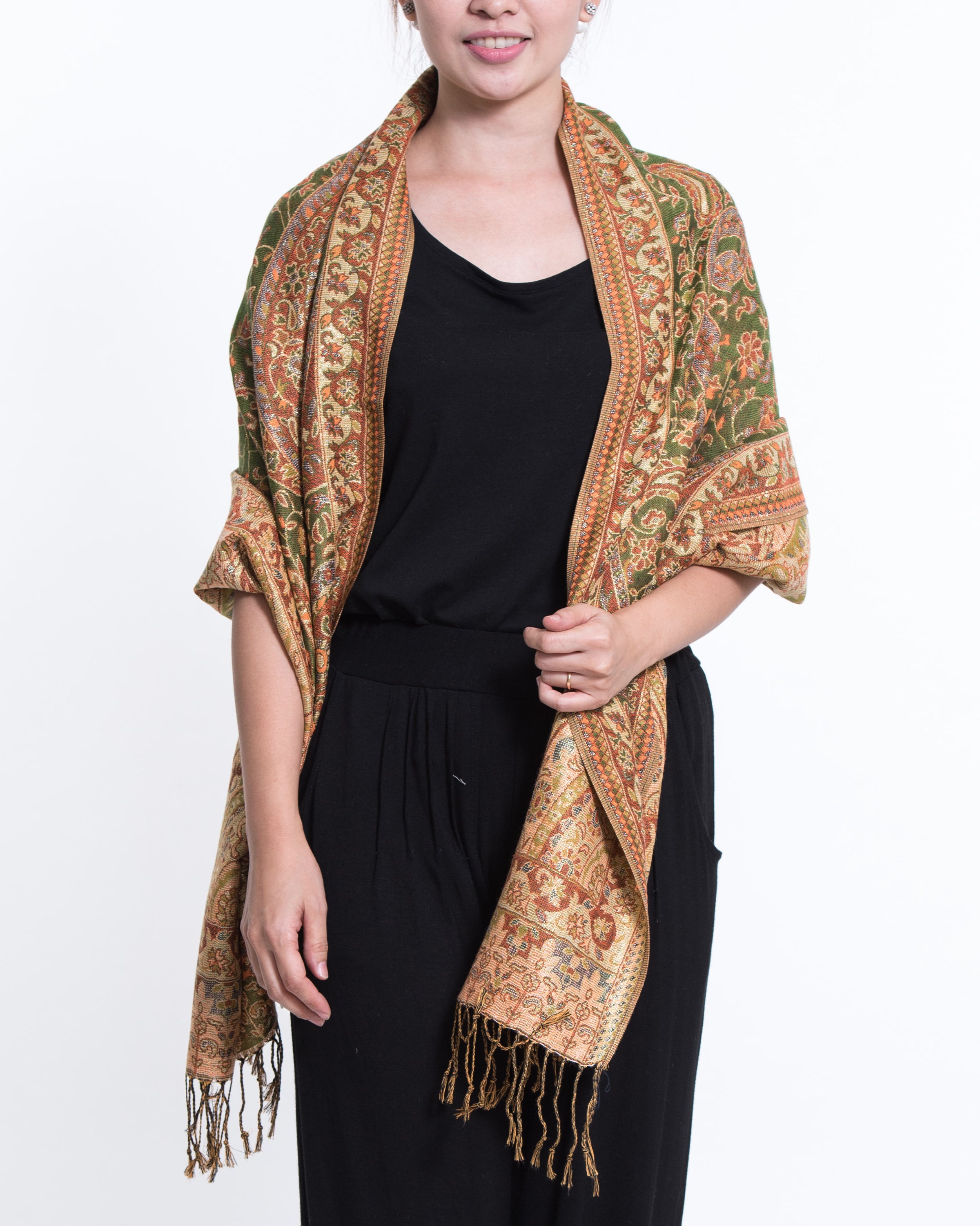 Nepal Traditional Paisley Pashmina Shawl Scarf in Green