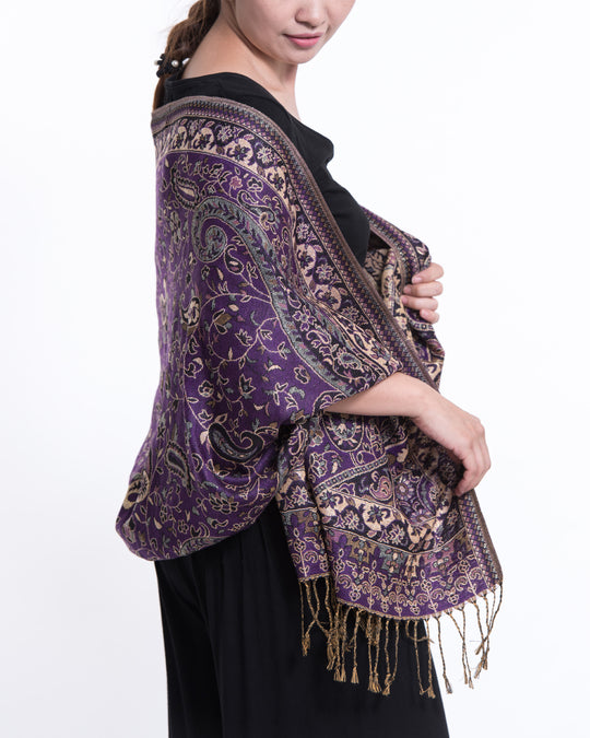 Nepal Traditional Paisley Pashmina Shawl Scarf in Purple